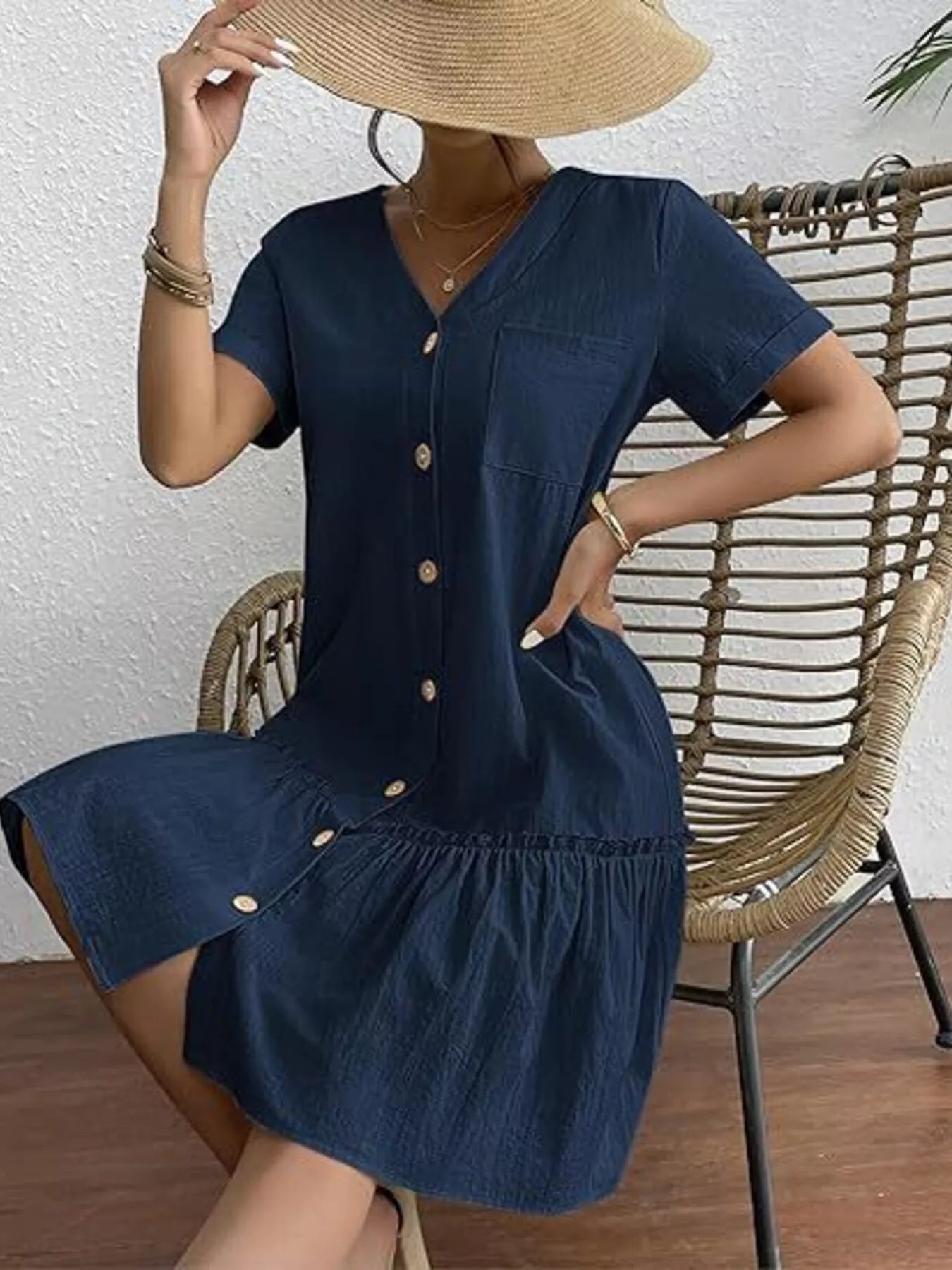 Trendsi Full Size Button-Down Ruffle Hem Mini Dress Plus Size -