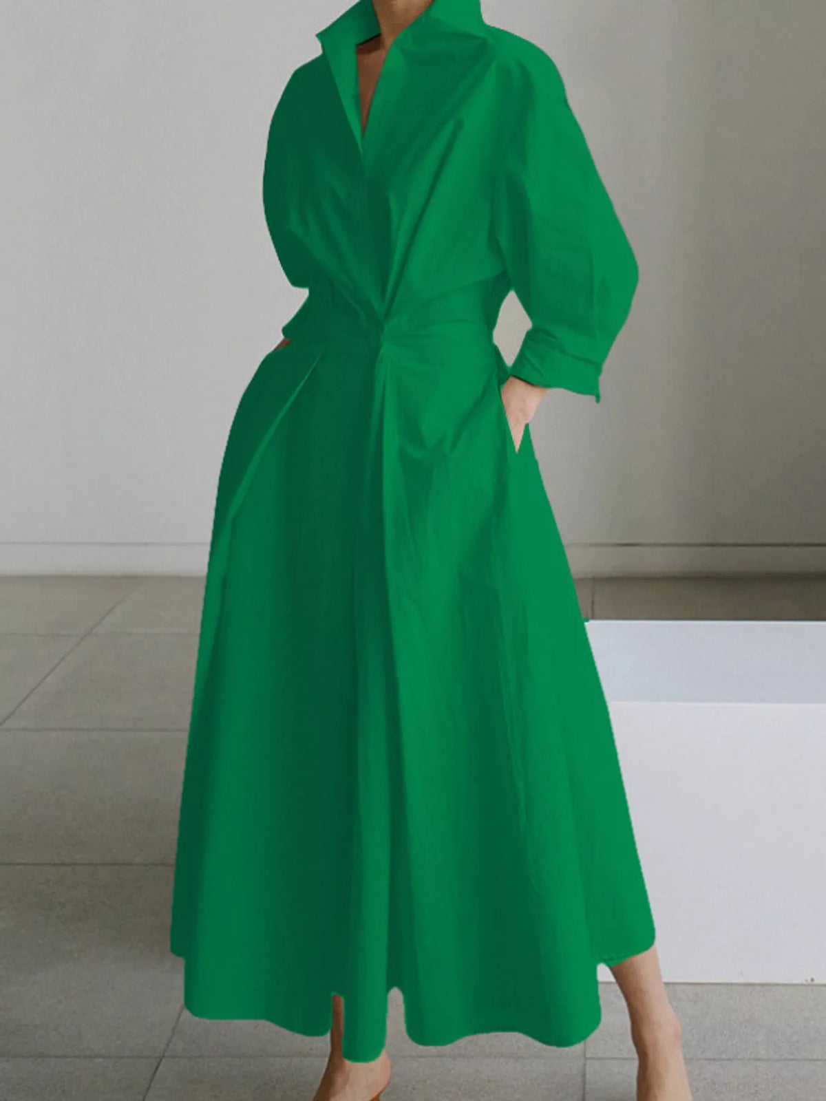 Collared Three-Quarter Sleeve Midi Shirt Dress — front view