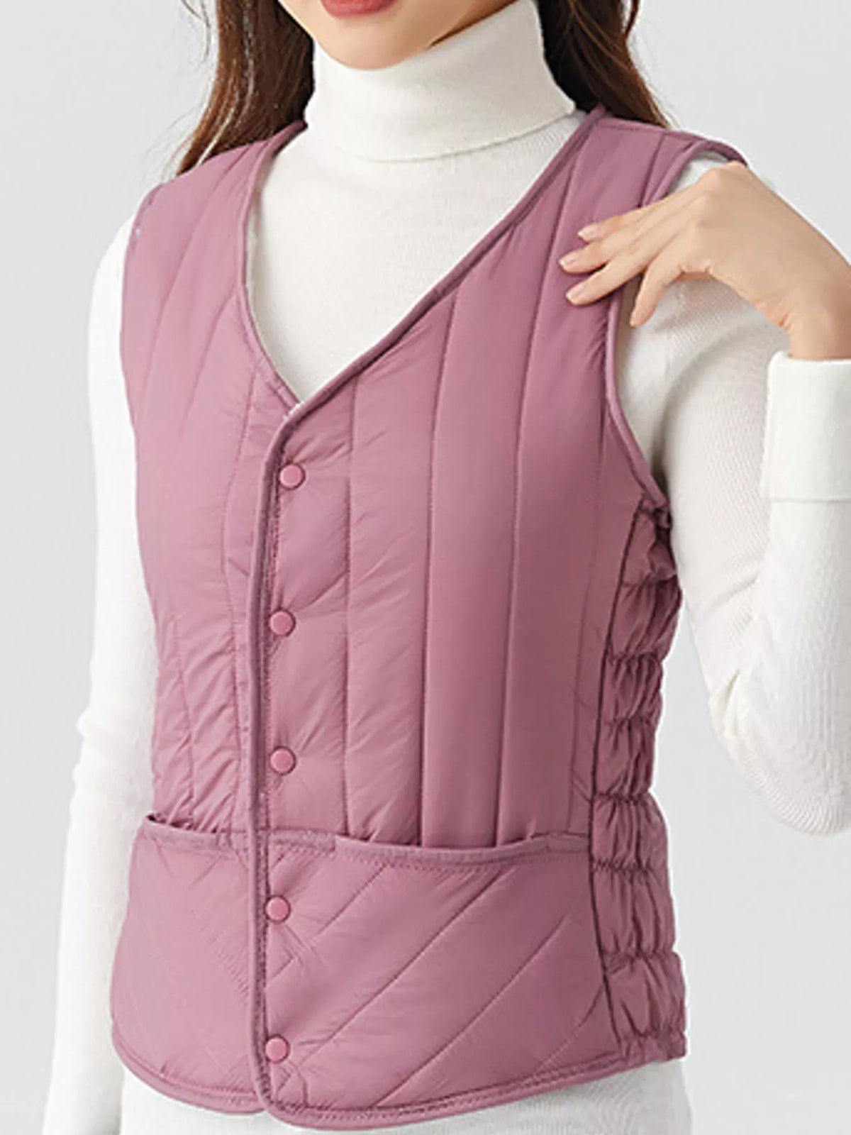 Quilted Button Up Vest in mauve, front view