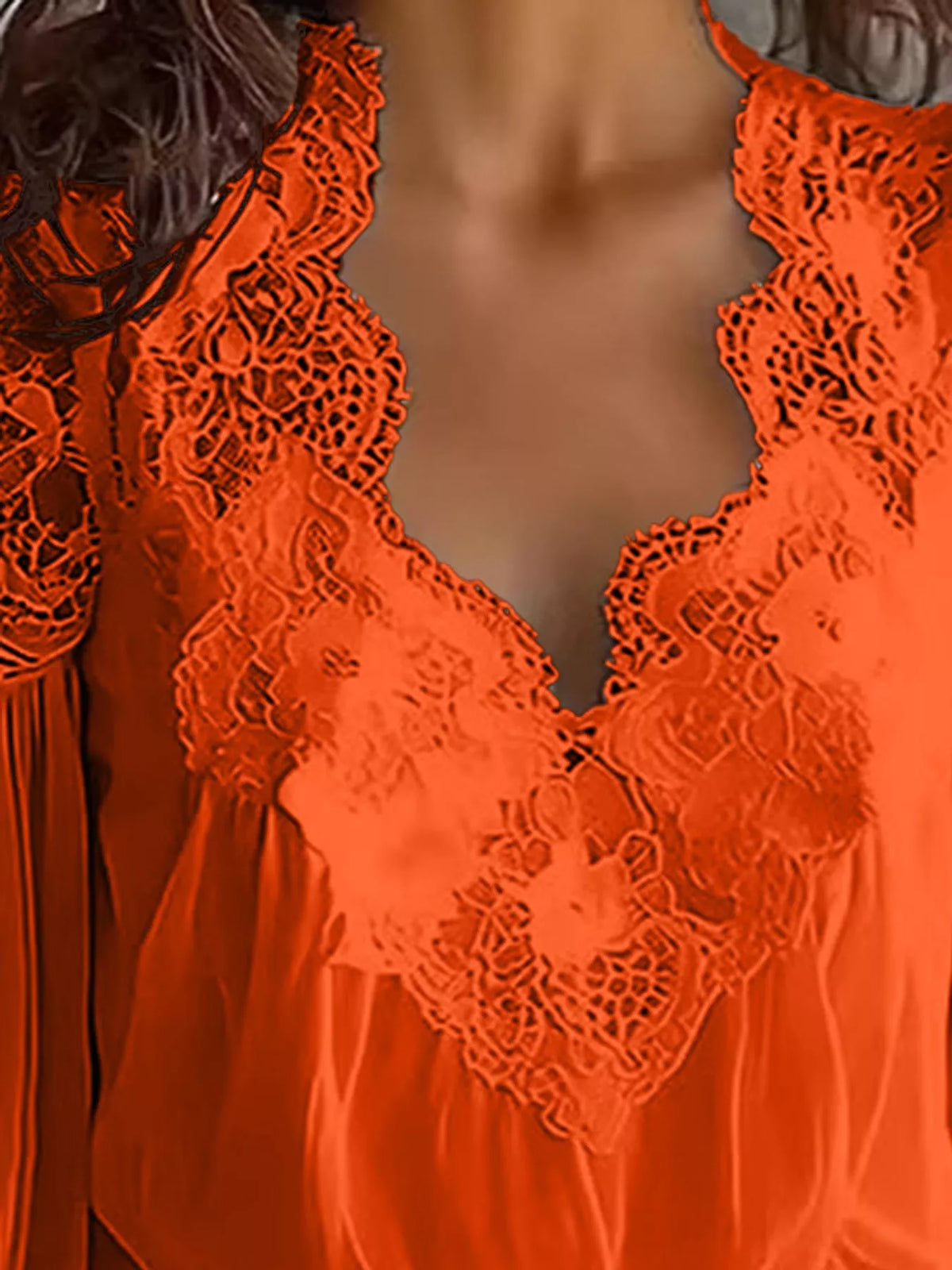 Orange lace V-neck flounce sleeve blouse, lace neckline detail