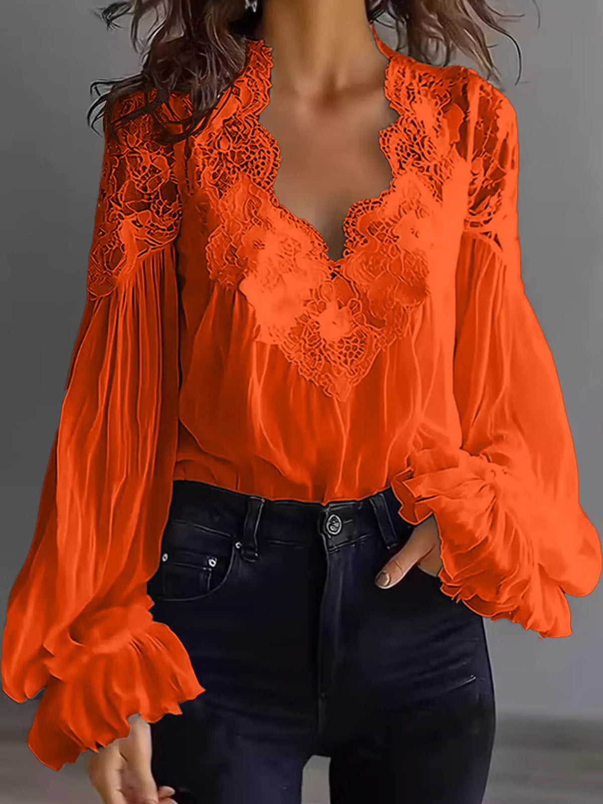 Orange lace V-neck flounce sleeve blouse