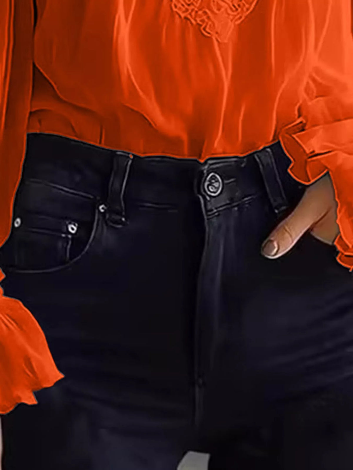 Orange lace V-neck flounce sleeve blouse, blouse fabric and cuff detail