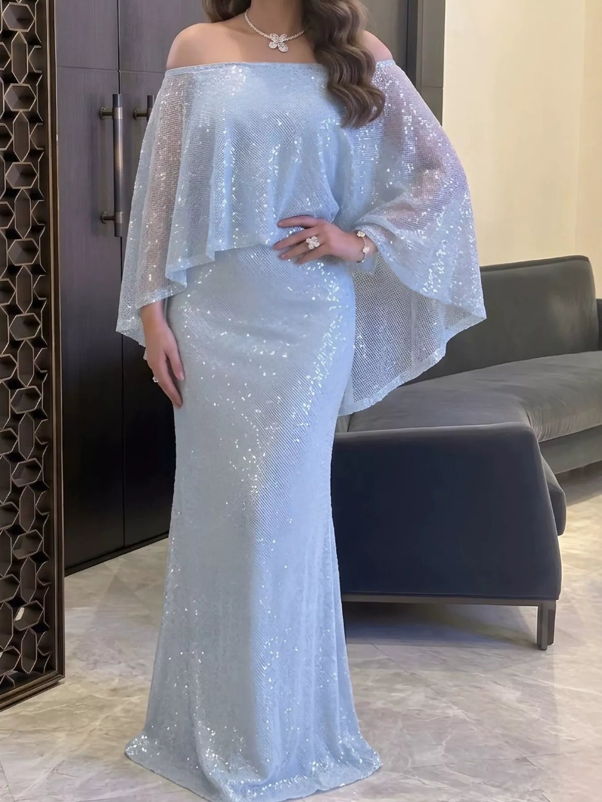 Sequin Off-Shoulder Cape Evening Maxi Dress — front view