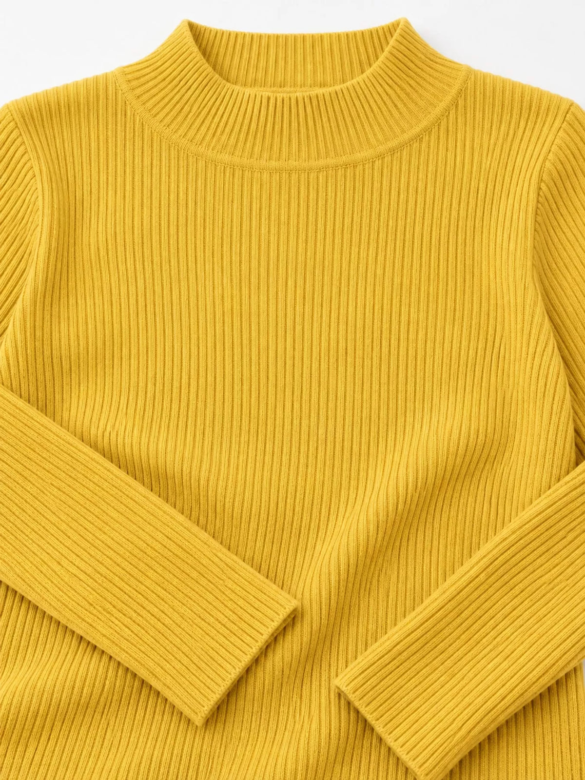 Yellow ribbed mock neck long sleeve knit top, ribbed knit and neckline detail