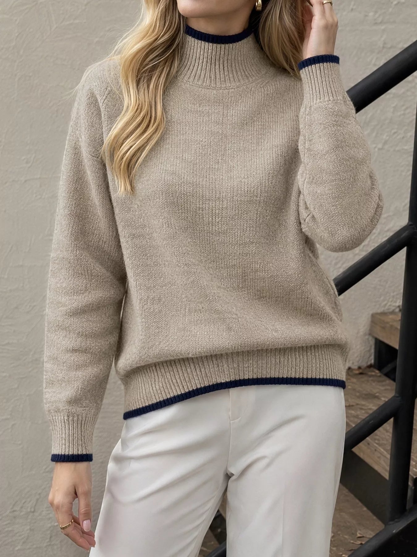 Trendsi Cozy Mock Neck Sweater with Contrast Trim -