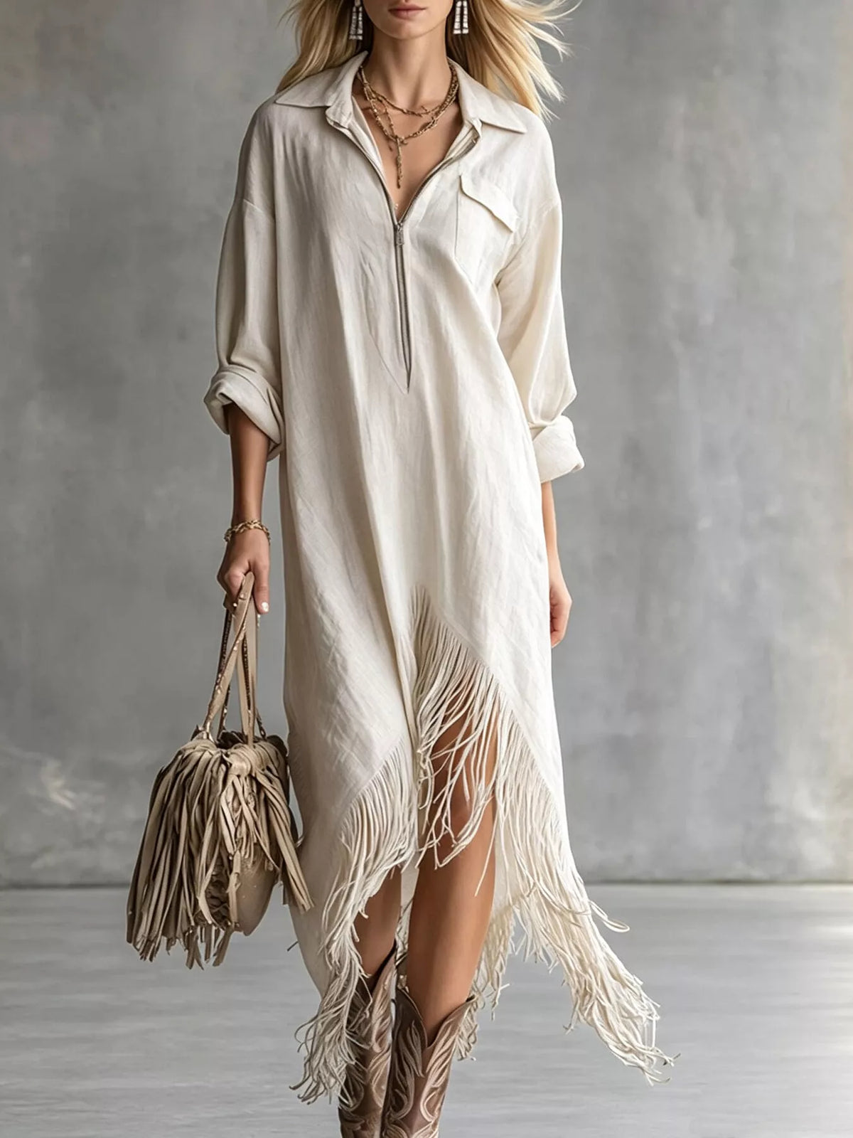 Zipper-Front Fringe Hem Midi Dress in cream, front view