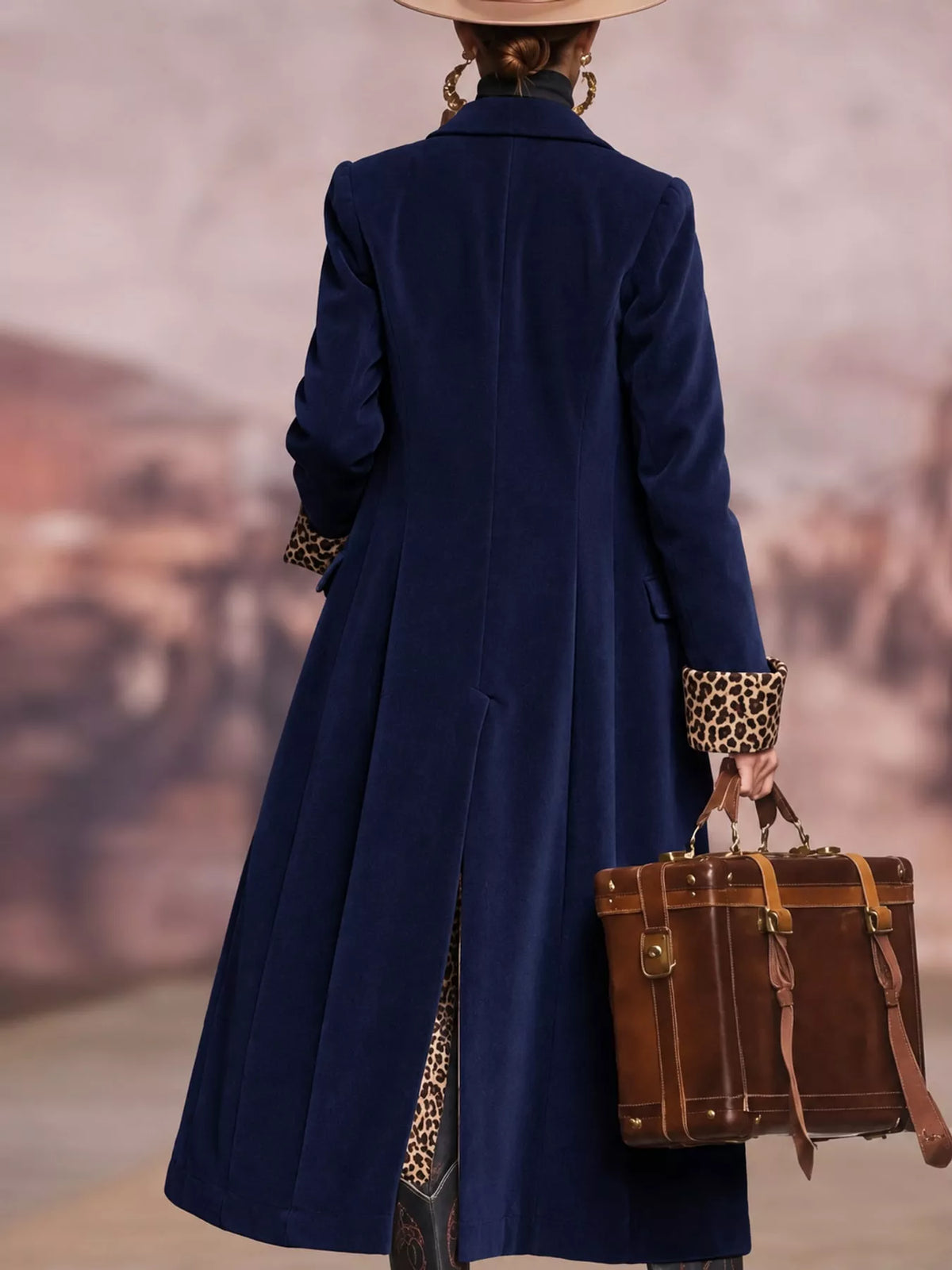 Blue-Woolen Version button up longline coat, back view