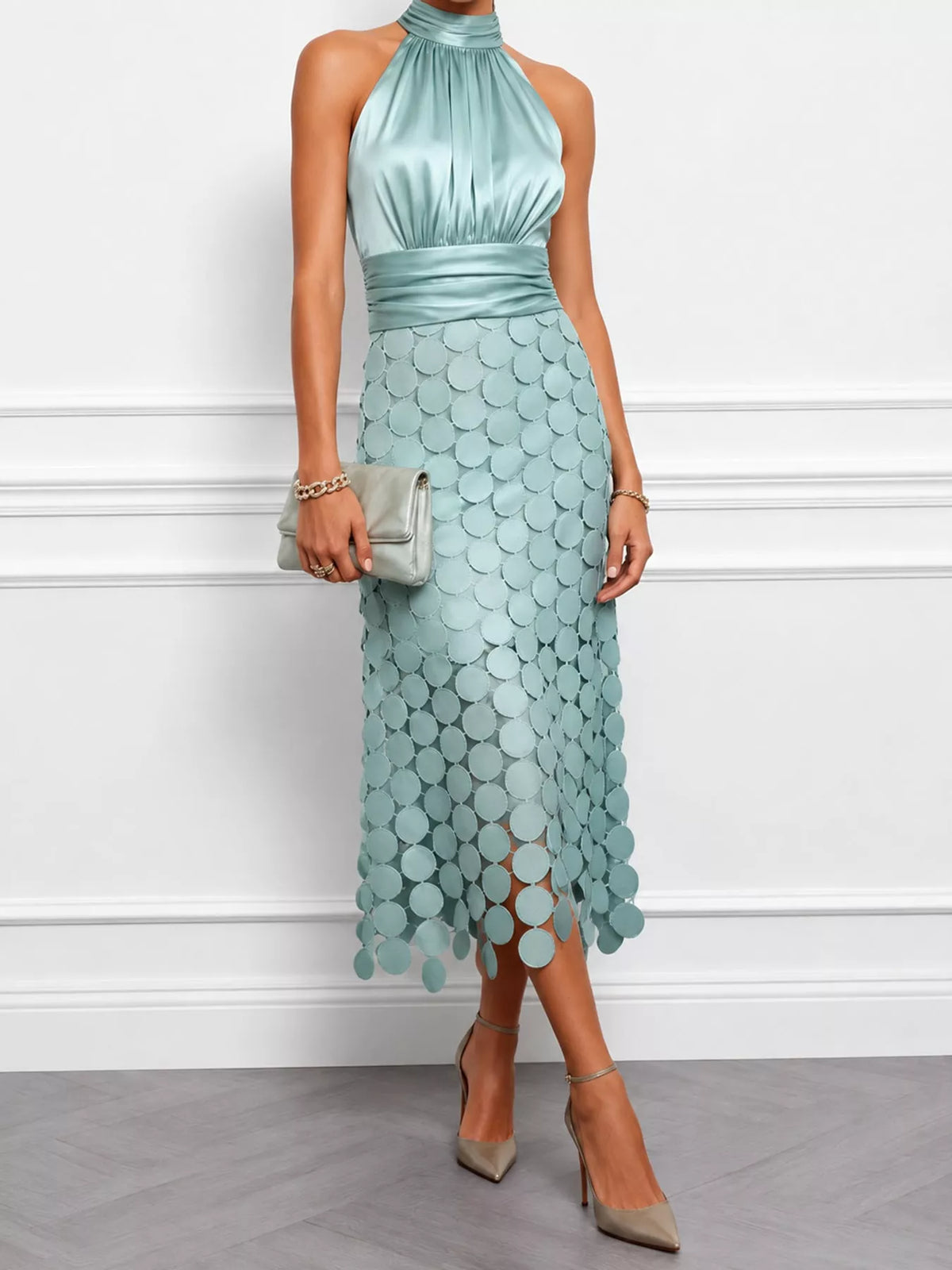 Circular Applique Sleeveless Midi Dress — front view
