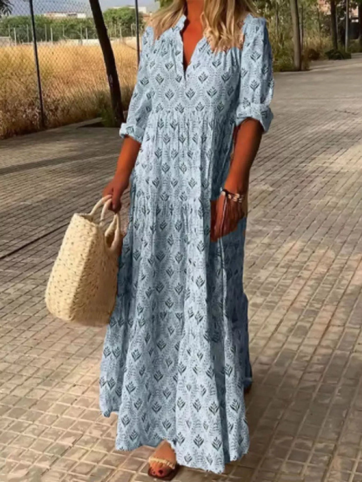 Printed notched tiered maxi dress
