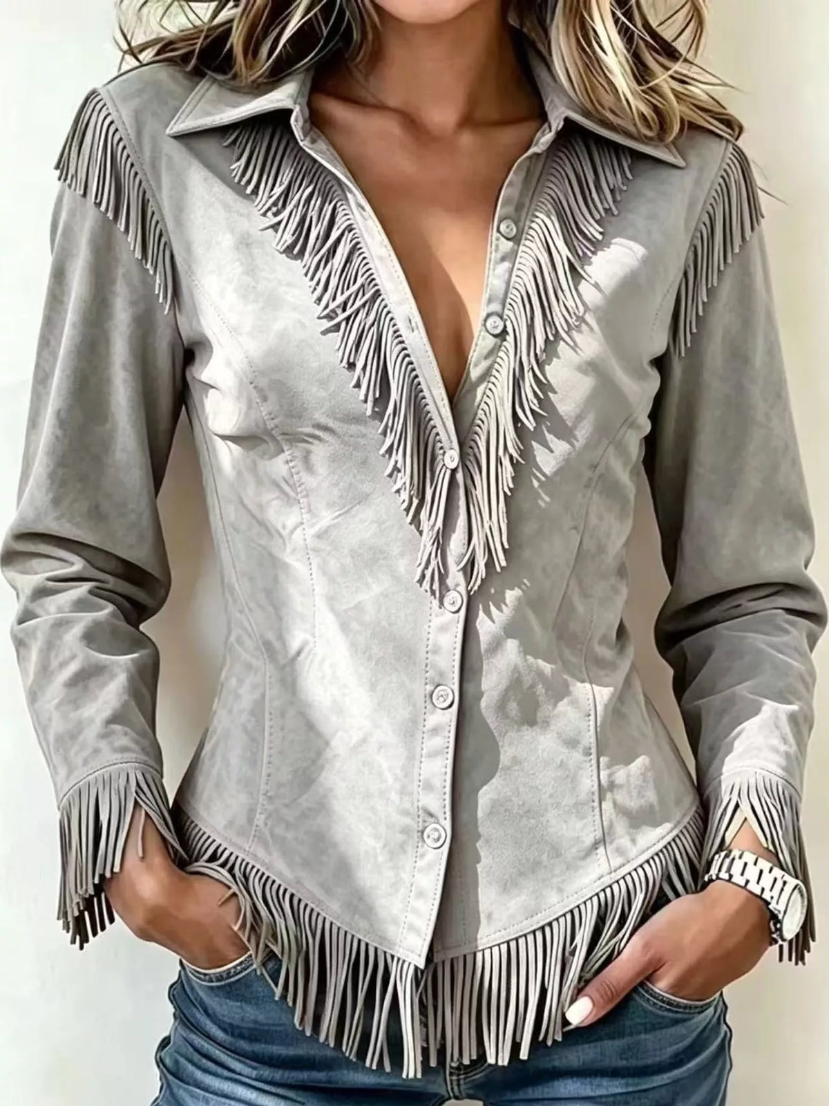Fringe-detail shirt, gray front