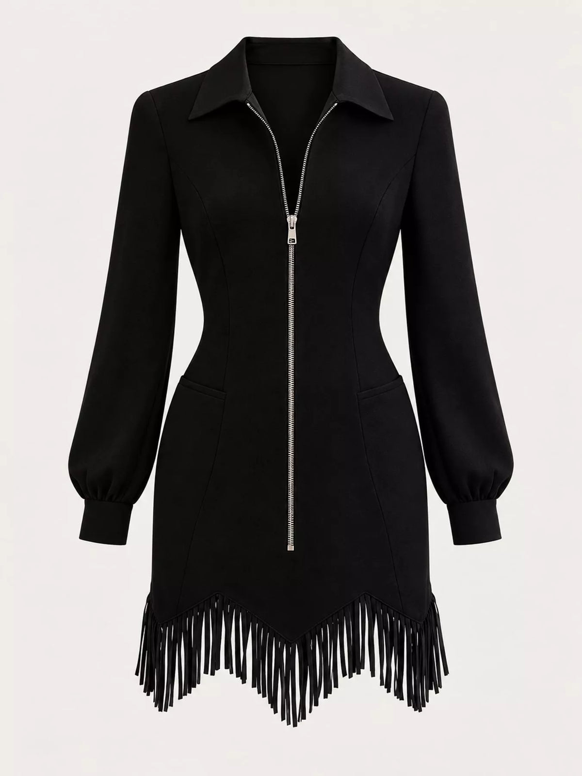 Black zip front long sleeve fringe mini dress, front view