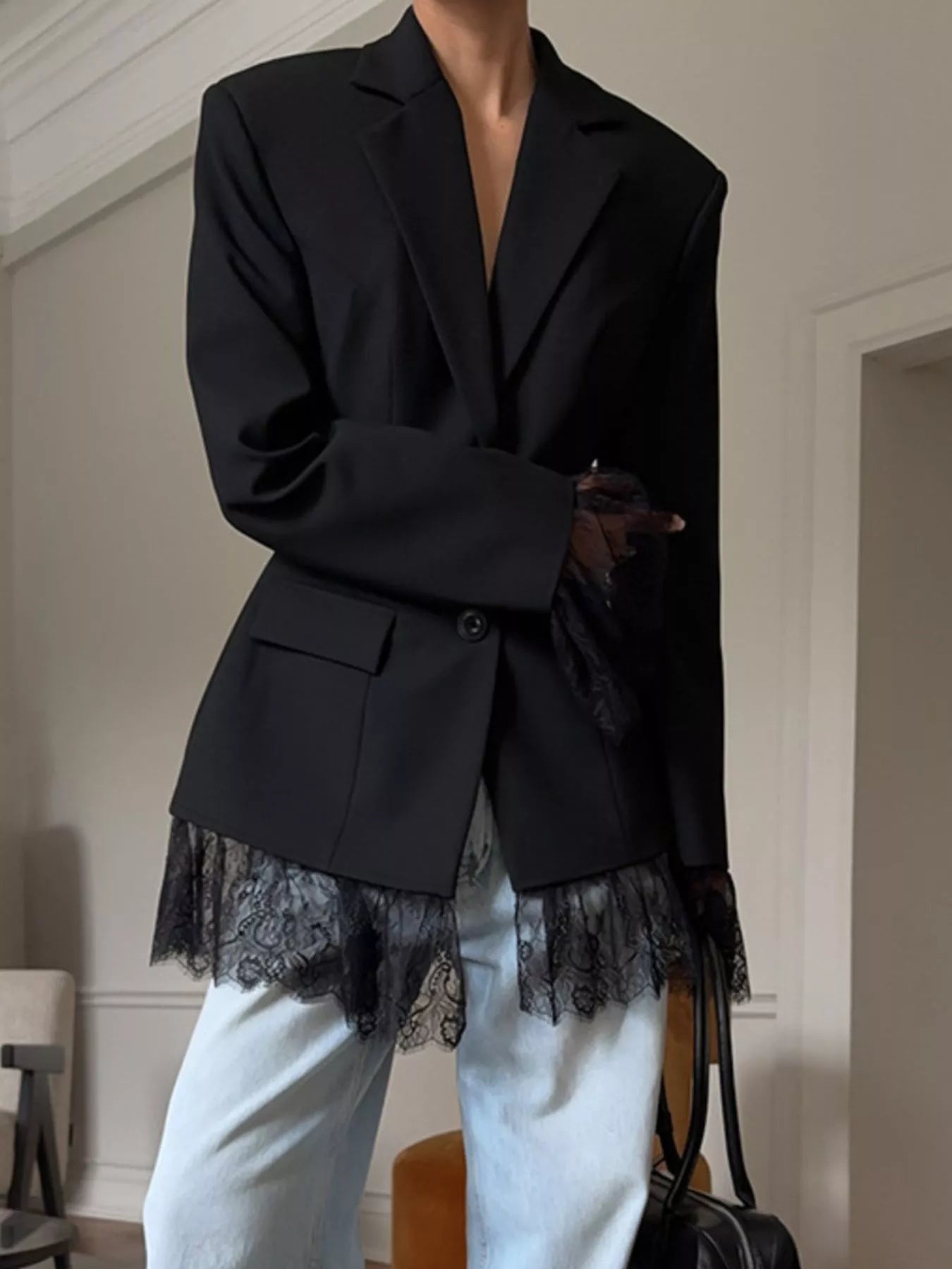 Trendsi Lace Hem Button Down Blazer -