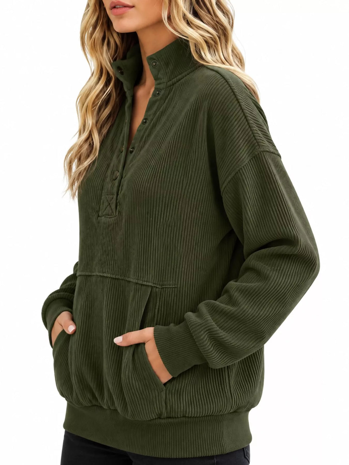 Quarter-snap sweatshirt, olive side