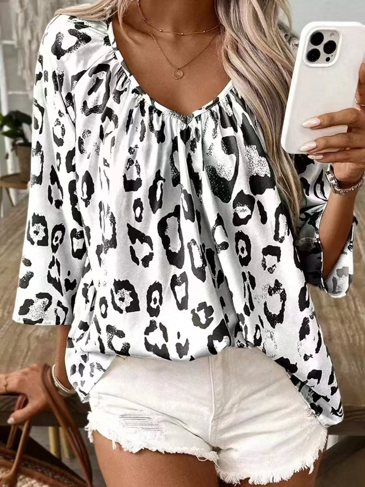 Trendsi Leopard Print V-Neck Blouse -