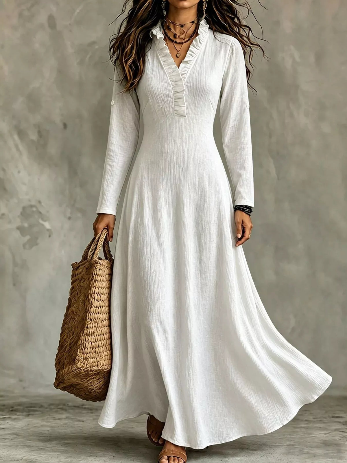 White V-neck maxi dress, front view