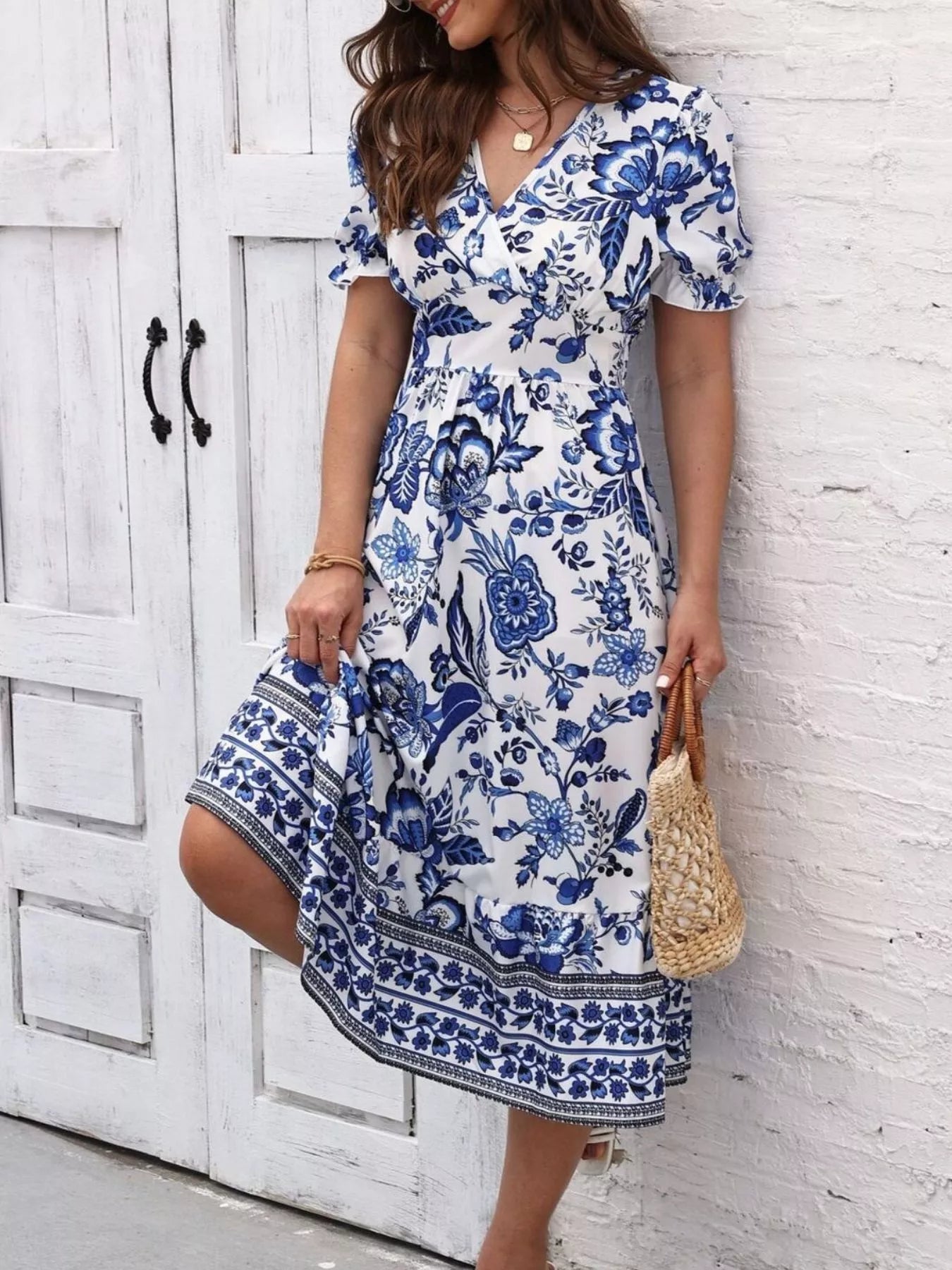 Trendsi Floral Print Puff Sleeve Wrap Midi Dress -