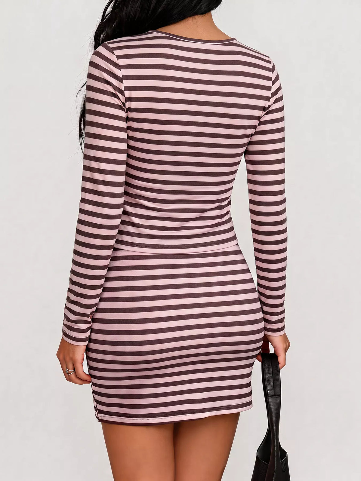 Striped Long Sleeve Square Neck Top and Mini Skirt Two-Piece Set in pink and burgundy, back view