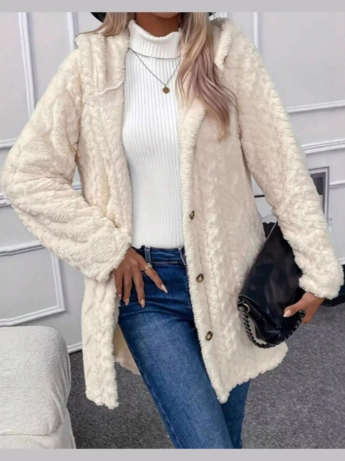 Cable-Knit Faux Shearling Hooded Jacket — front view
