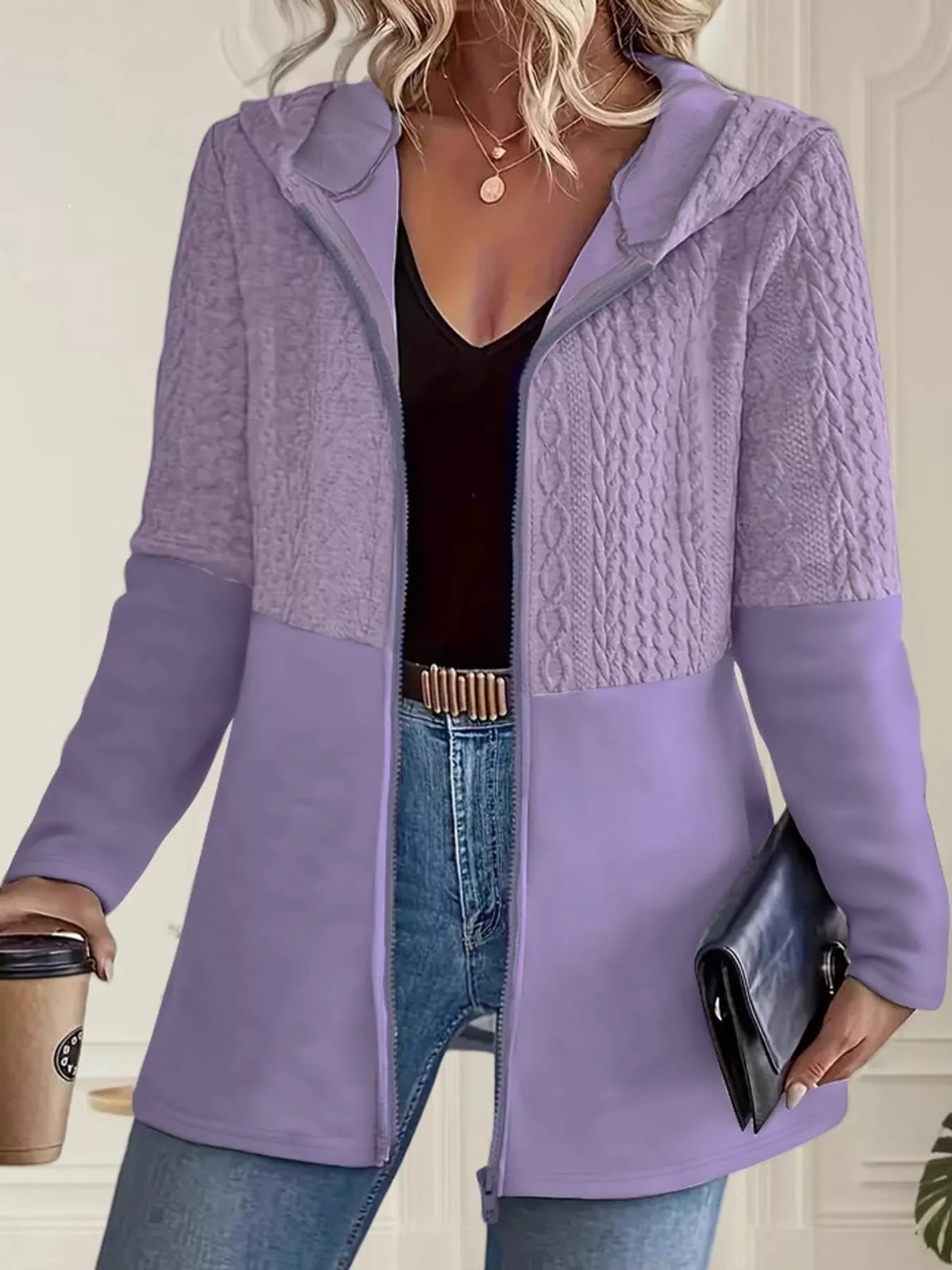 Textured hooded jacket, purple front