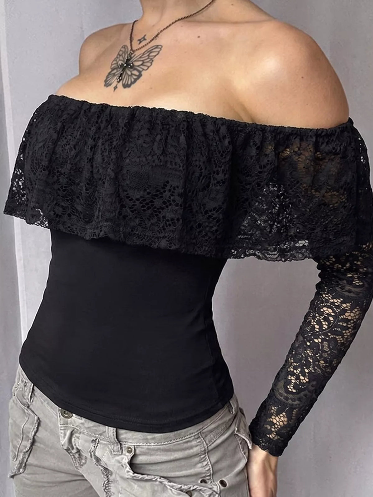 Off-Shoulder Lace Flounce Long-Sleeve Top in black, front view