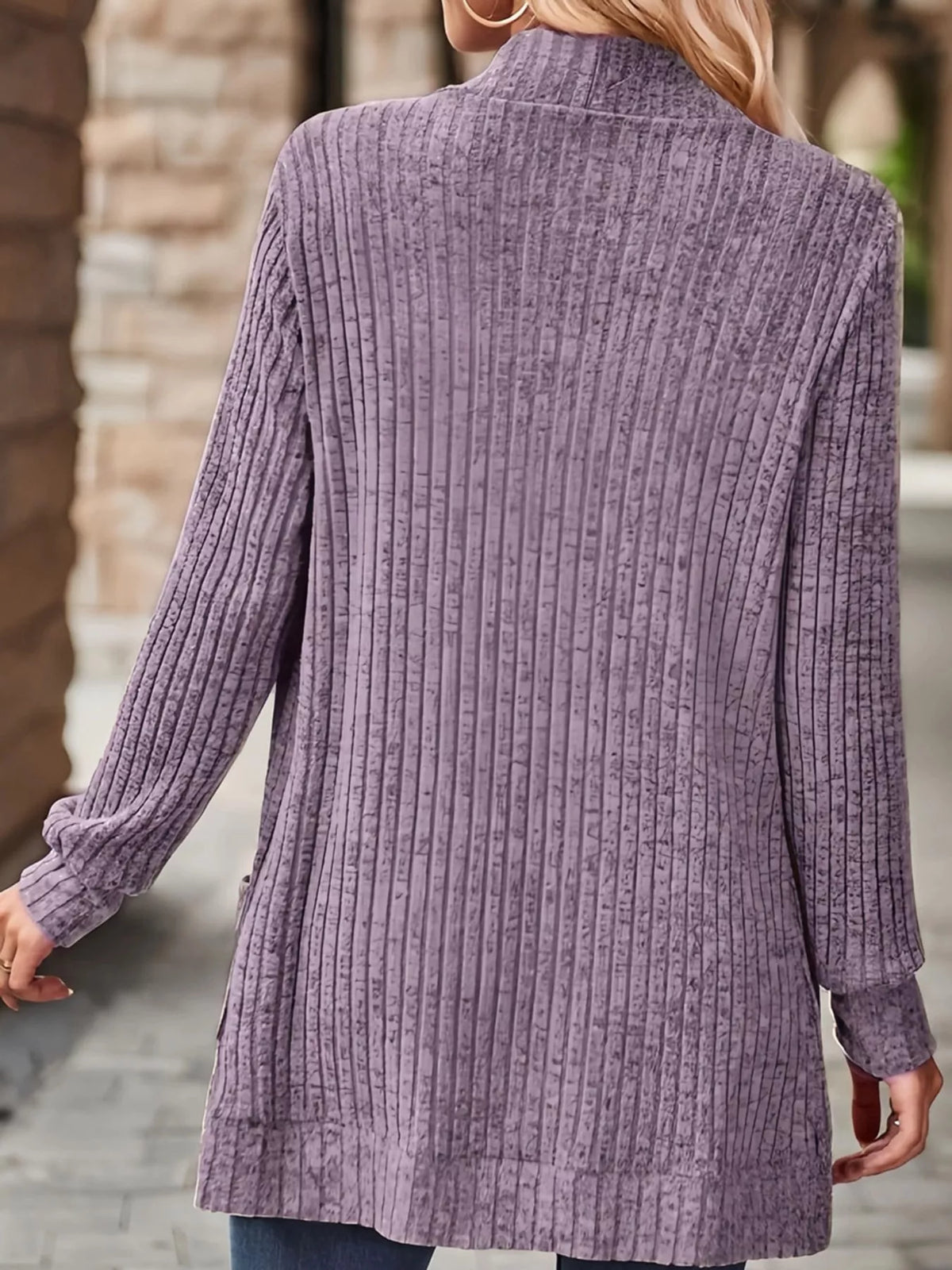 Ribbed Knit Open Front Cardigan with Pockets — back view