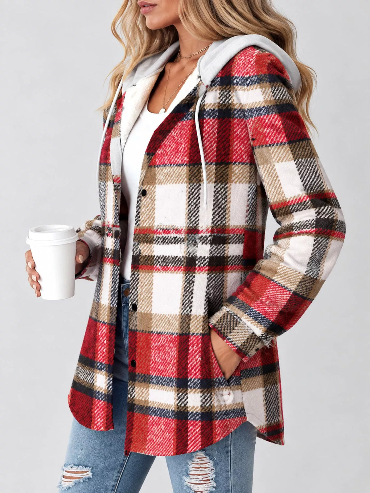 Button-Down Printed Contrast Hooded Shacket — side view