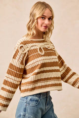 Trendsi BiBi Striped Open Knit Sweater Top with Front Braided Detail -