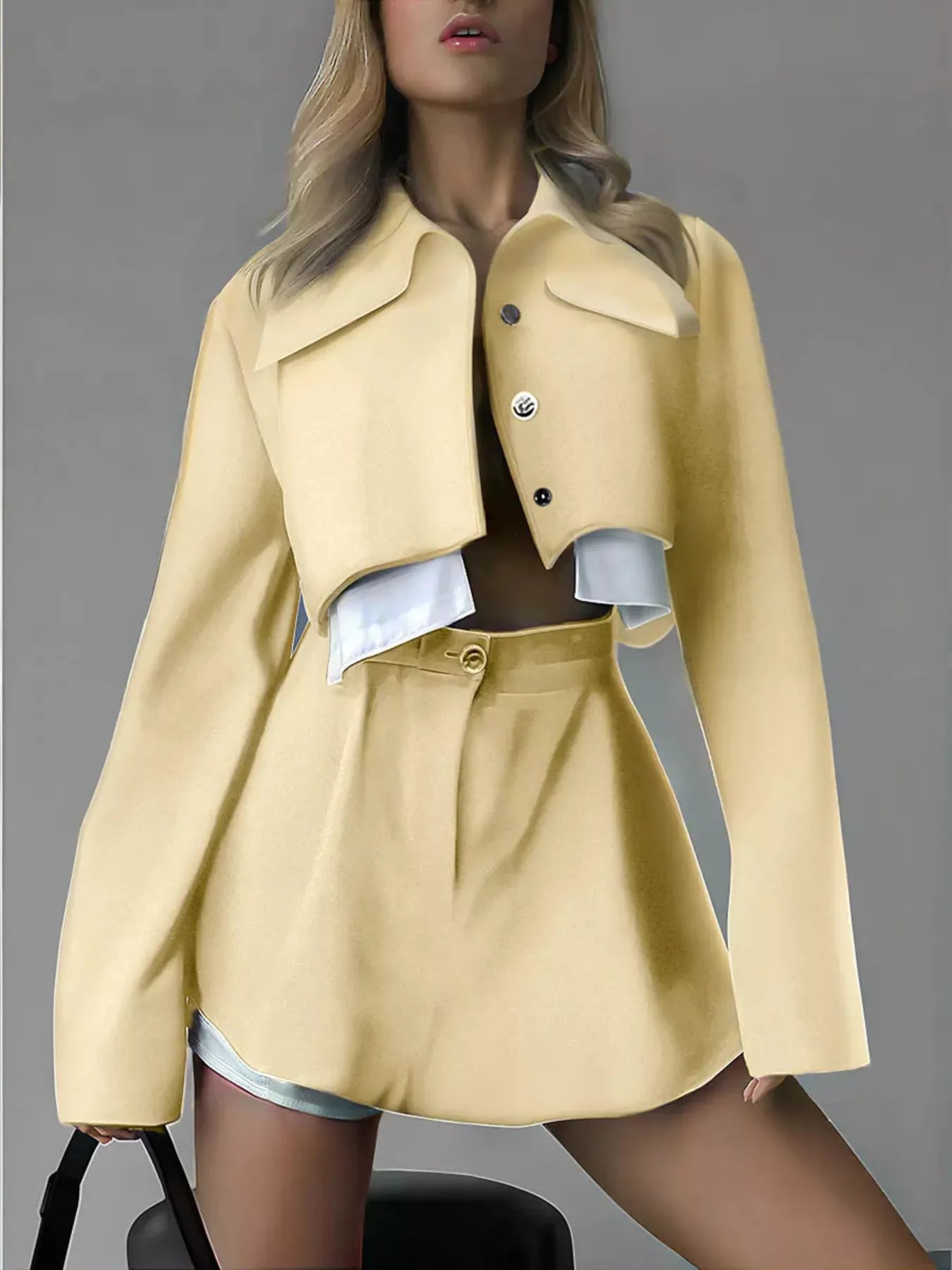 Trendsi Button Up Cropped Jacket and Mini Skirt Set -