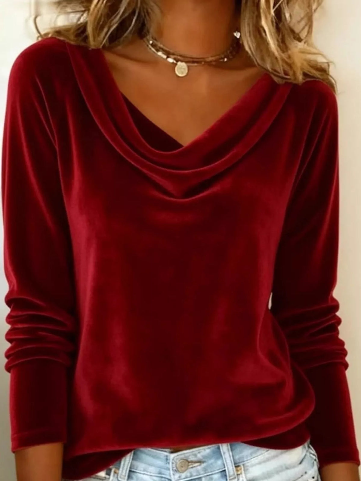 Red velvet cowl neck long sleeve t shirt, front view