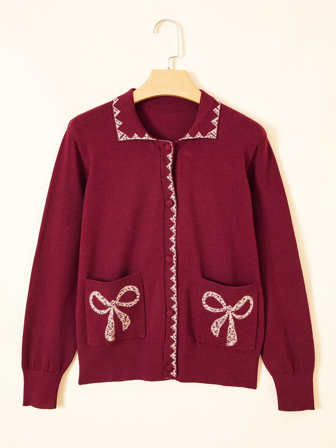 Trendsi Bow Pocket Collar Long Sleeve Knit Cardigan -