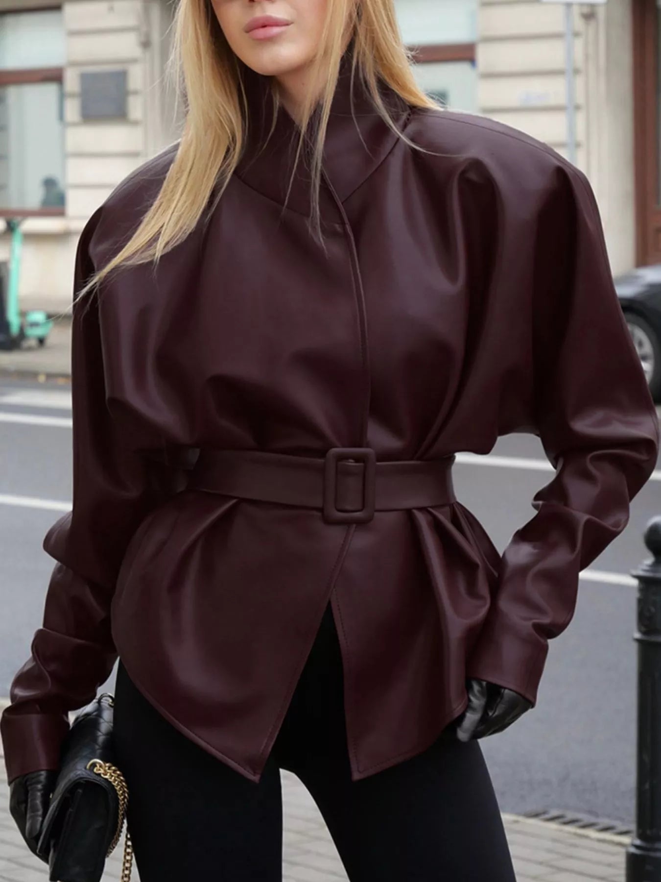 Trendsi Stand Collar Belted Faux Leather Jacket -