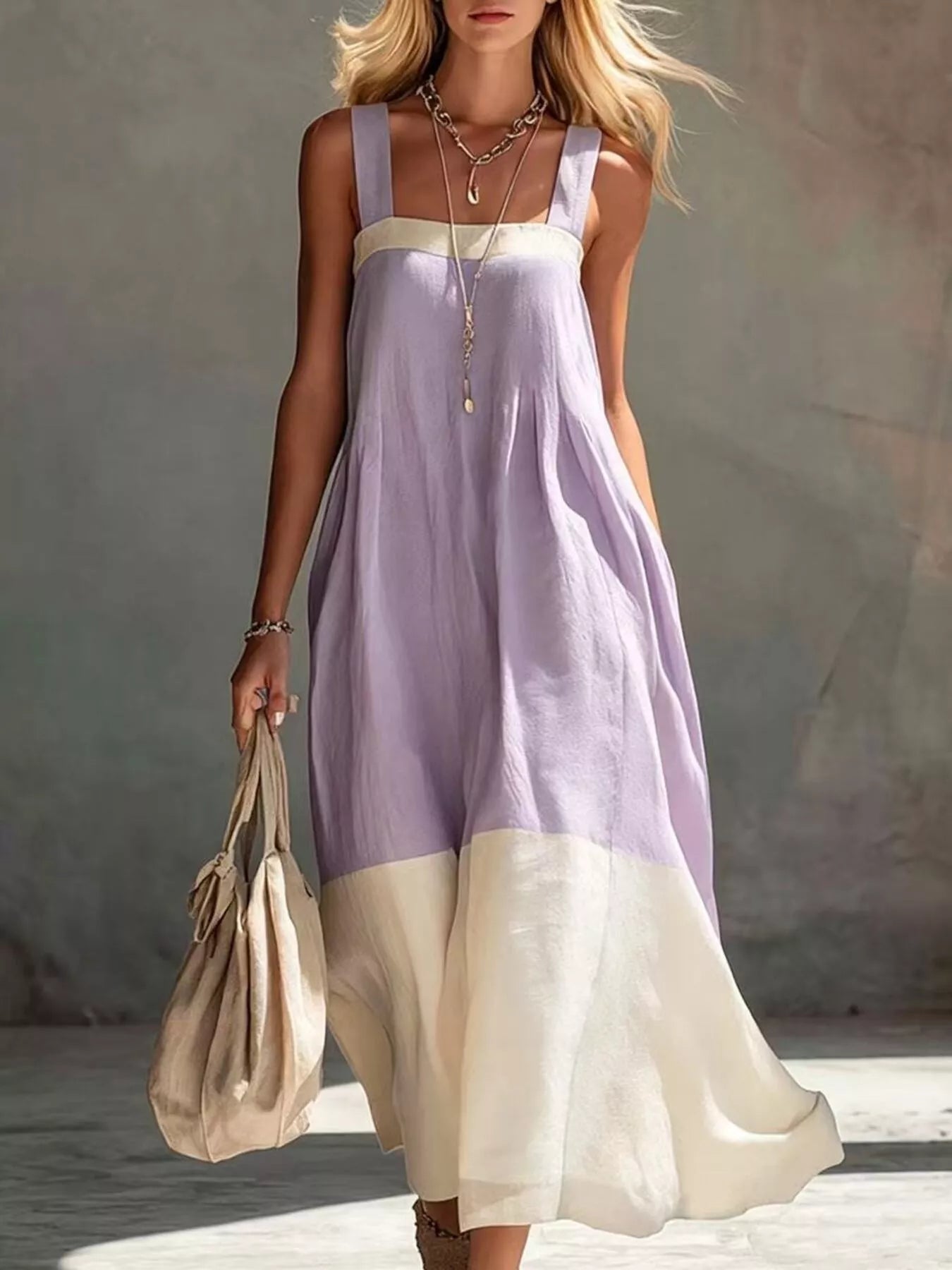 Trendsi Color-Block Sleeveless Linen-Blend Midi Dress -