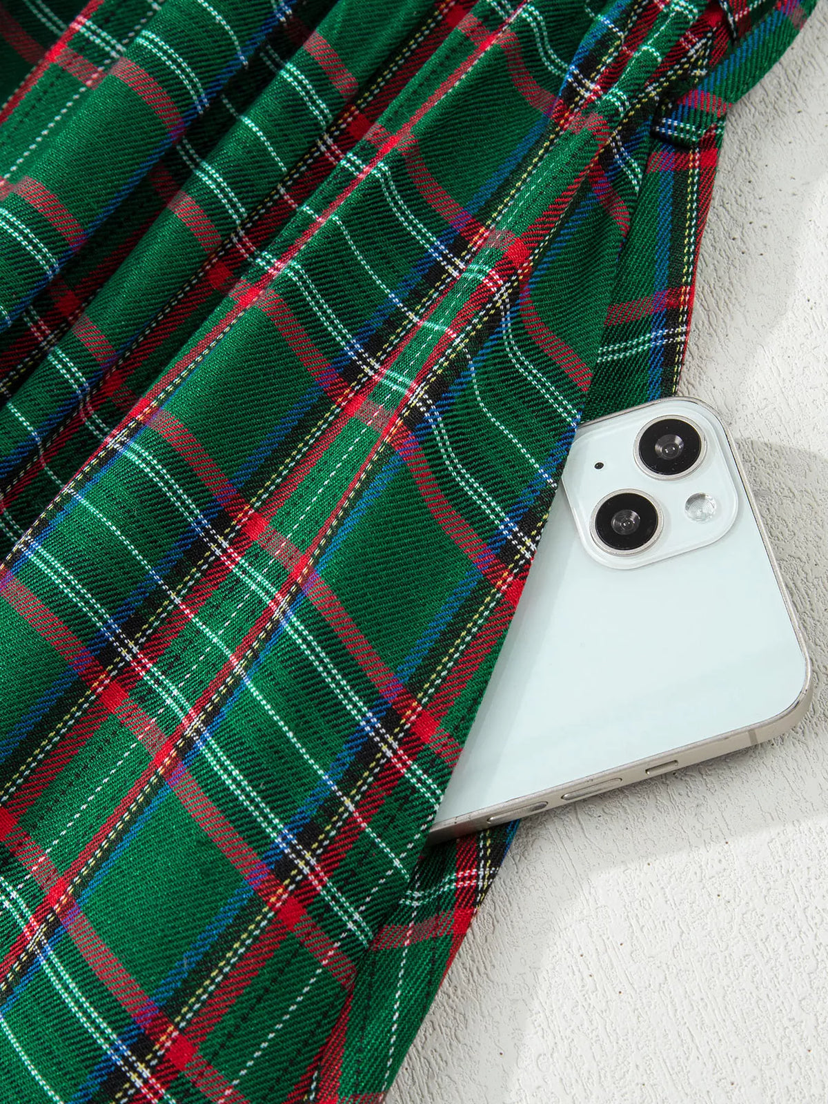 Dark Green plaid square neck puff sleeve tie-waist midi dress