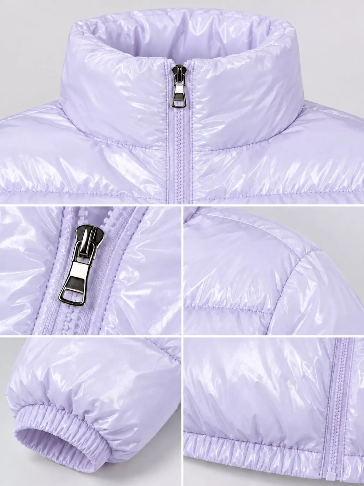 Glossy Stand-Collar Zip-Up Puffer Jacket — garment construction details