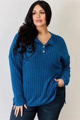 Trendsi Basic Bae Full Size Ribbed Half Button Long Sleeve High-Low T-Shirt - Pants
