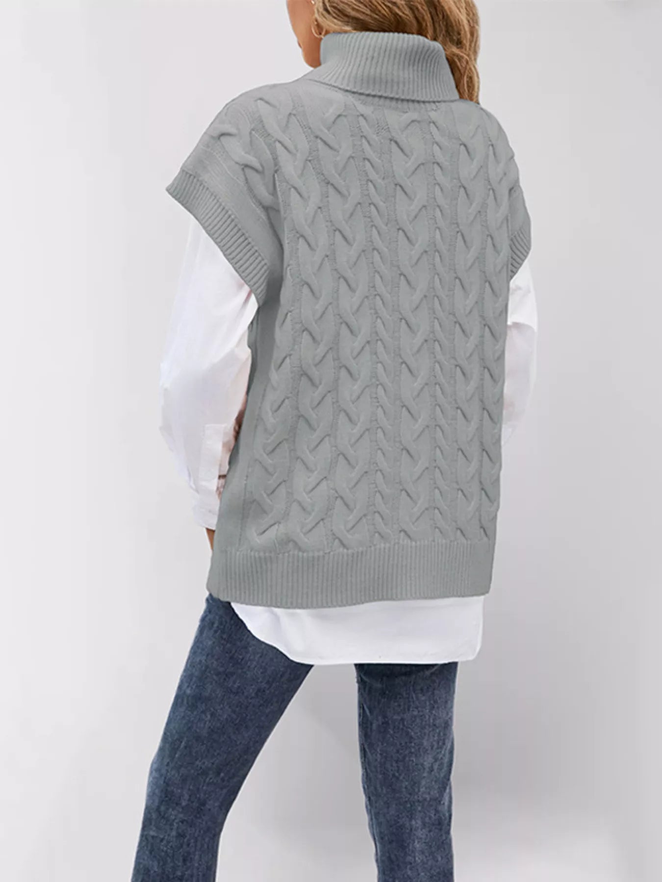 Trendsi Chunky Knit Turtleneck Cap Sleeve Sweater -