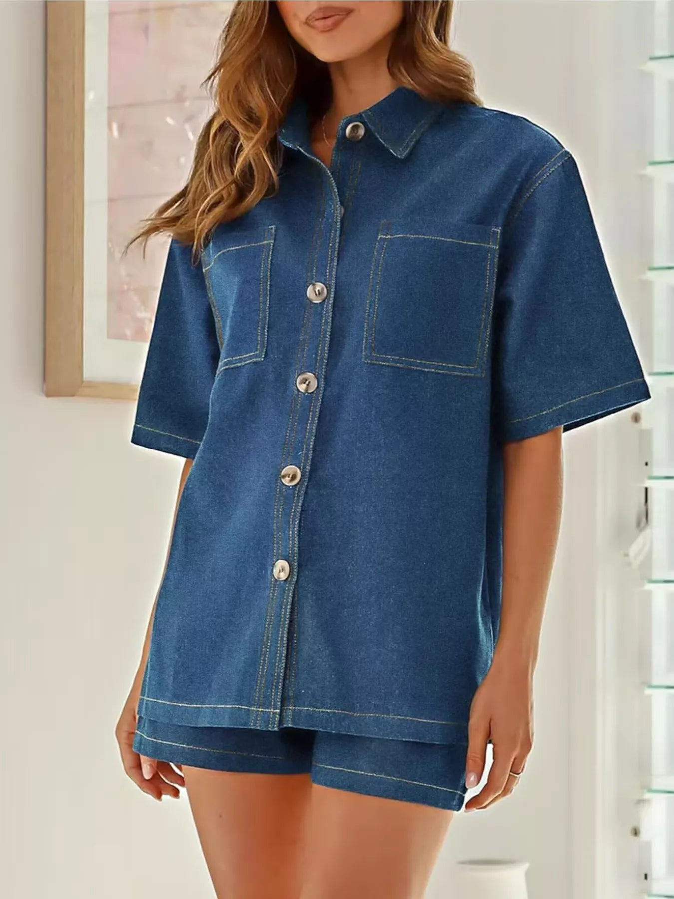 Trendsi Button Up Denim Shirt and Shorts Set -