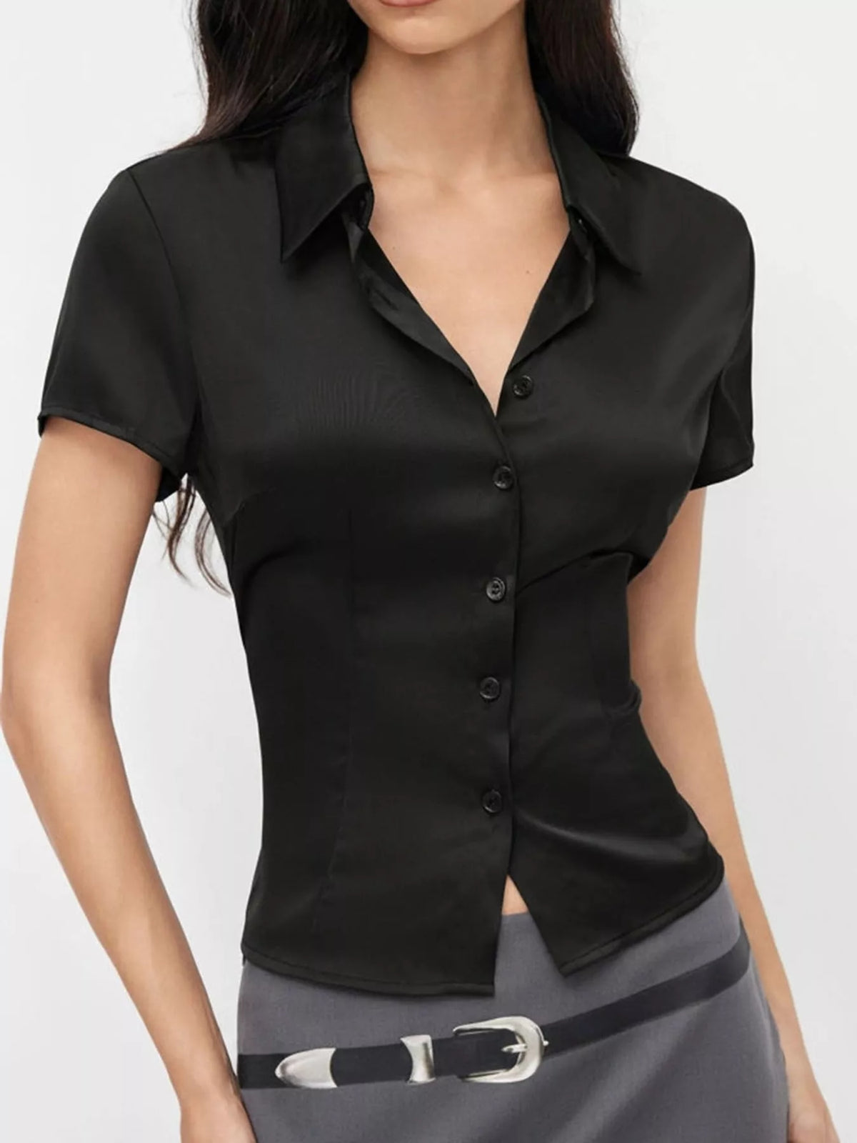 Satin Short Sleeve Button-Down Shirt in black