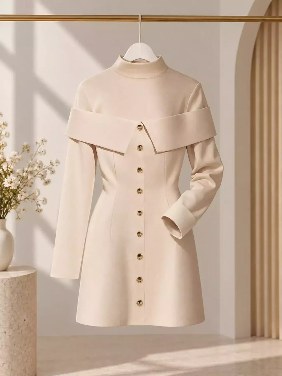 Women's Mock Neck Button Front Mini Dress in cream — front view
