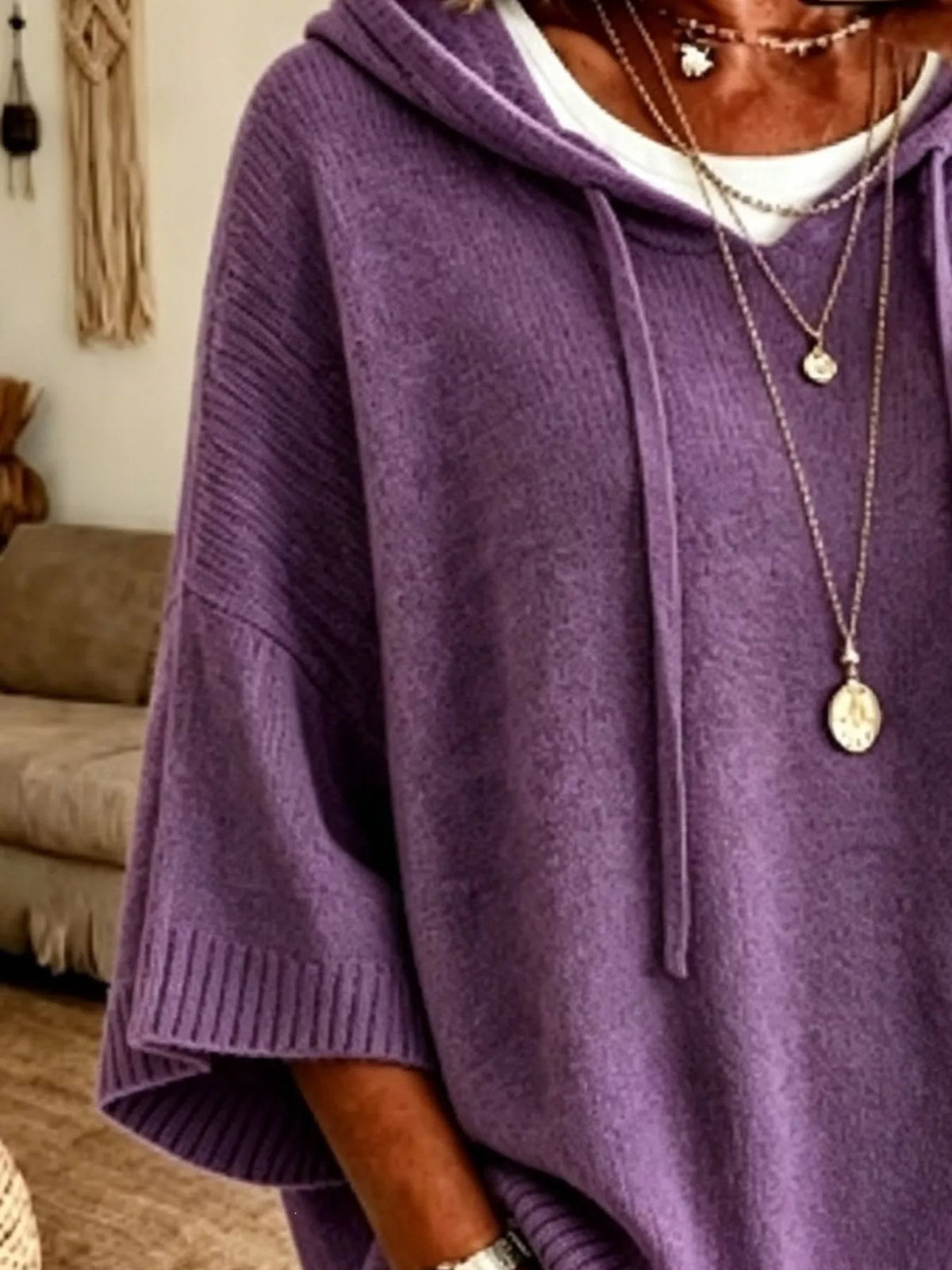 Trendsi Full Size Drawstring 3/4 Sleeve Hooded Sweater Plus Size -