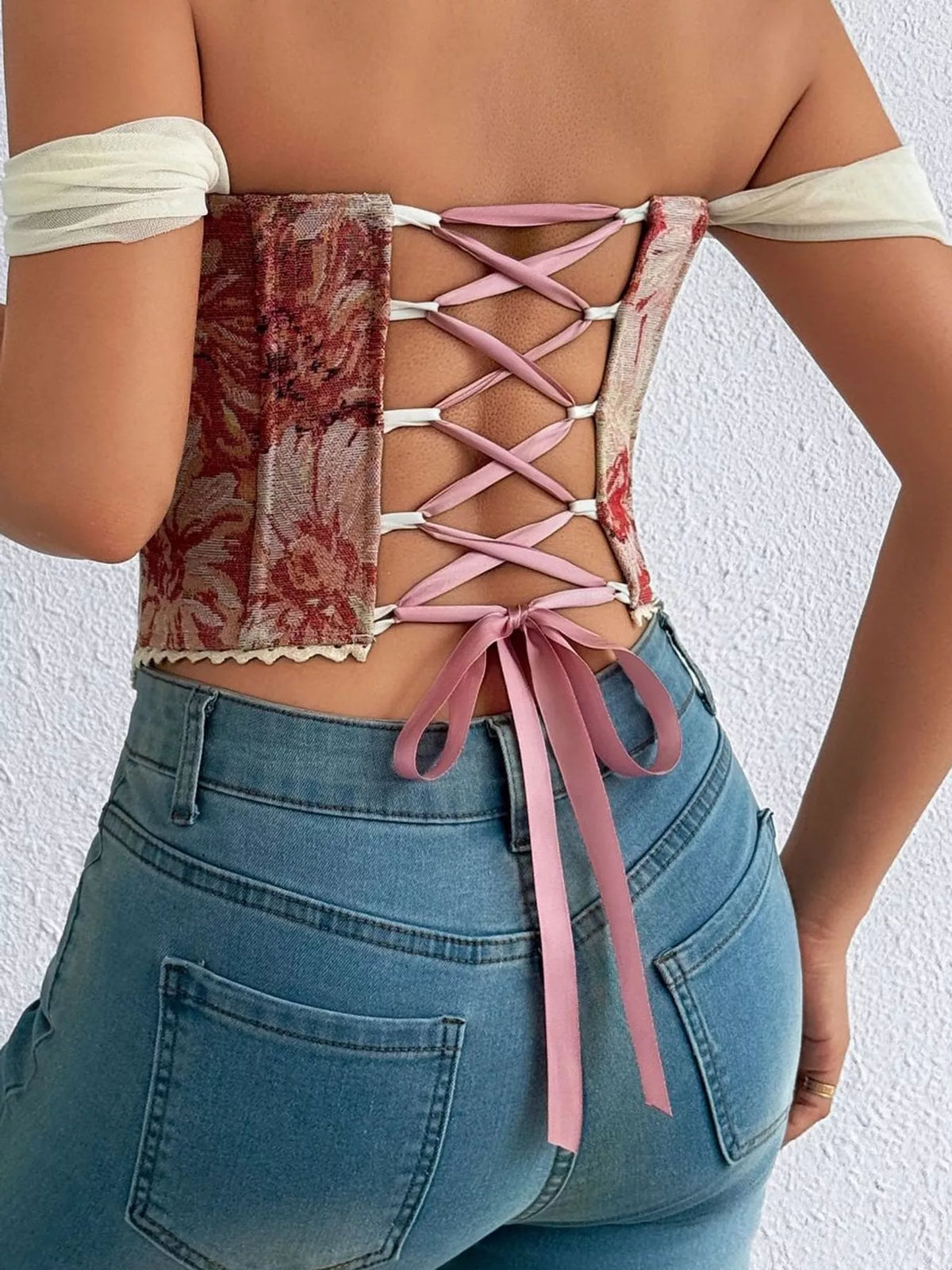 Pink lace up back printed cami, back view