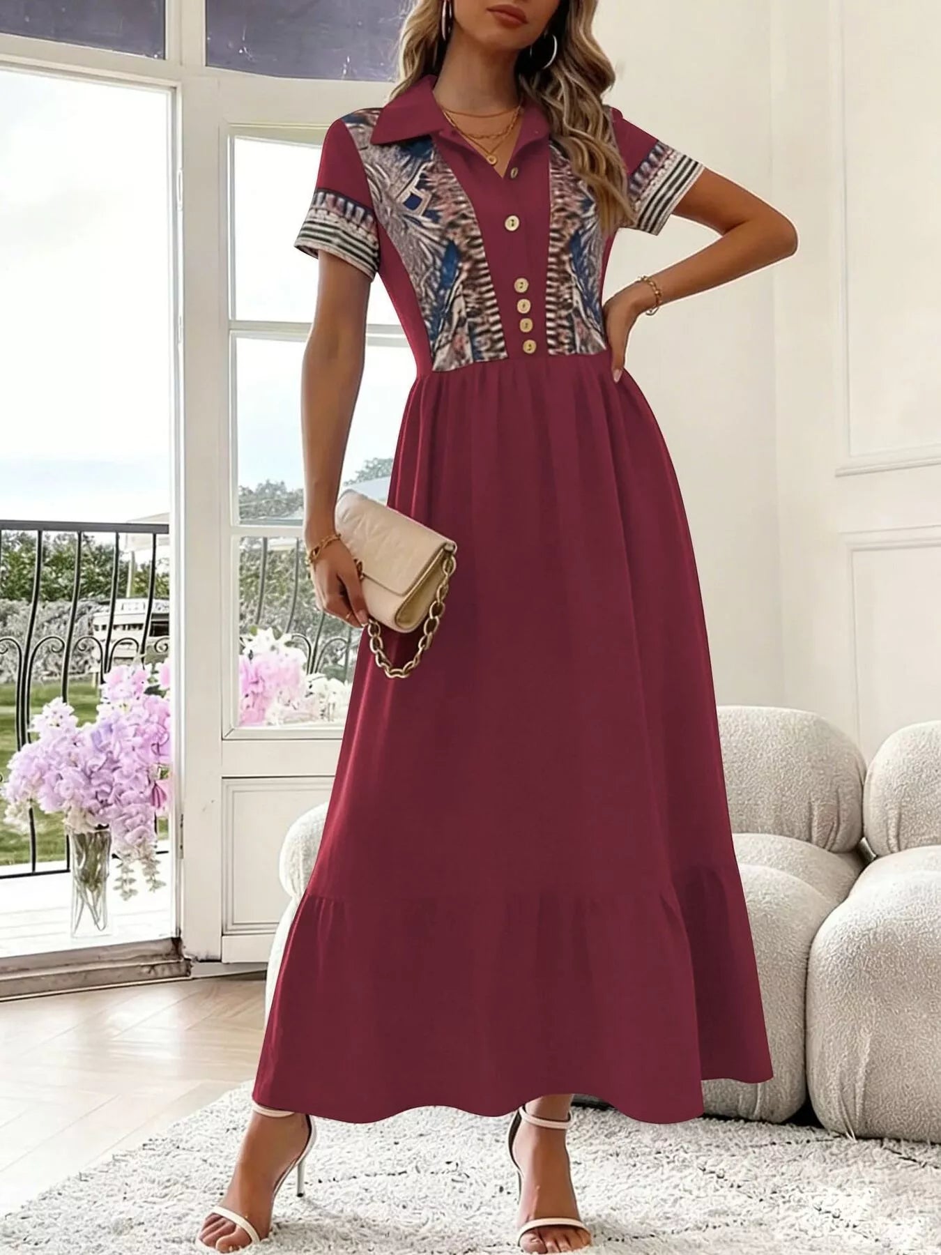 Trendsi Printed Button-Front Maxi Dress -