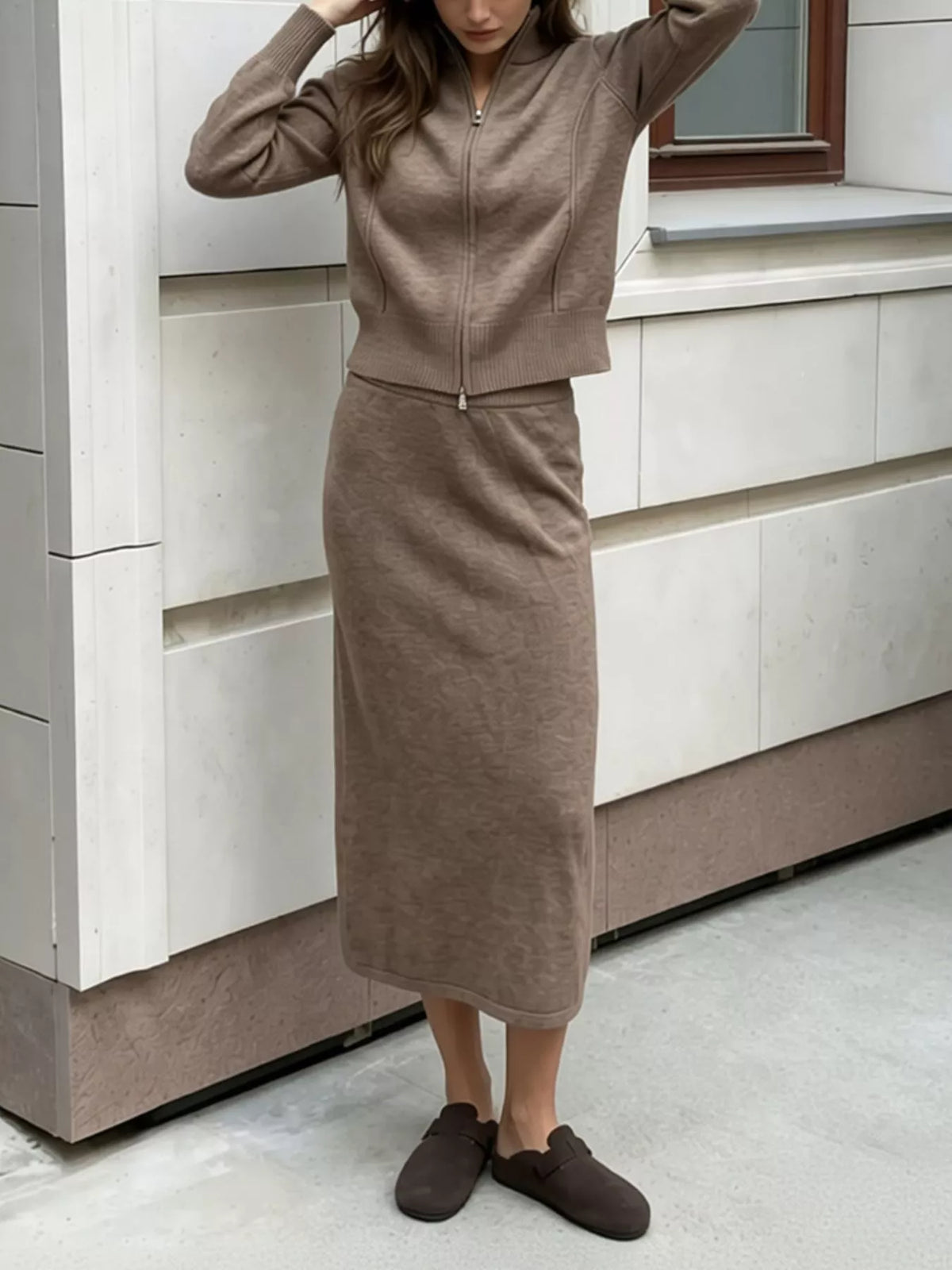Zip-up cardigan and midi skirt knit set in taupe, angled front view