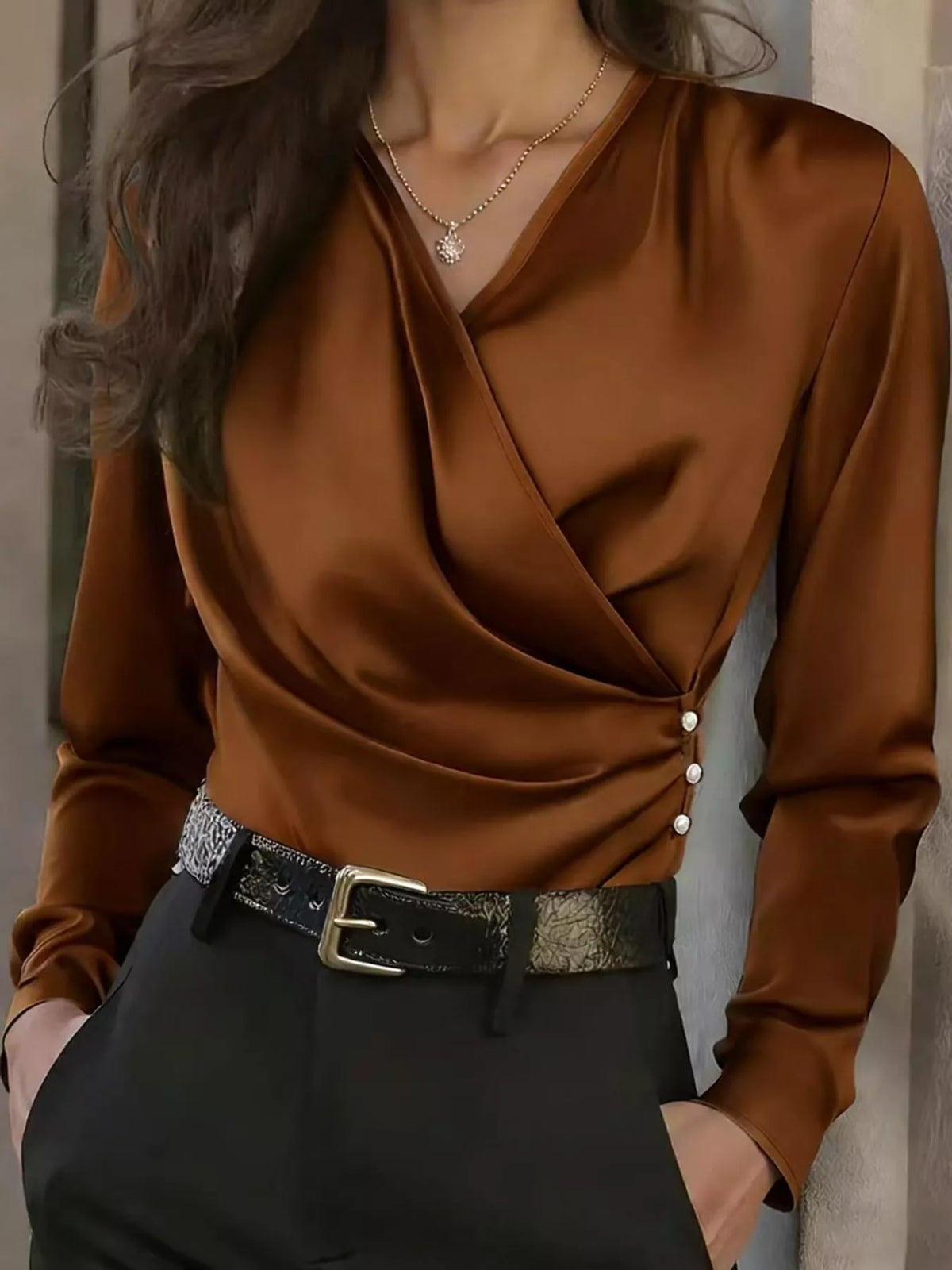 Surplice blouse, brown front