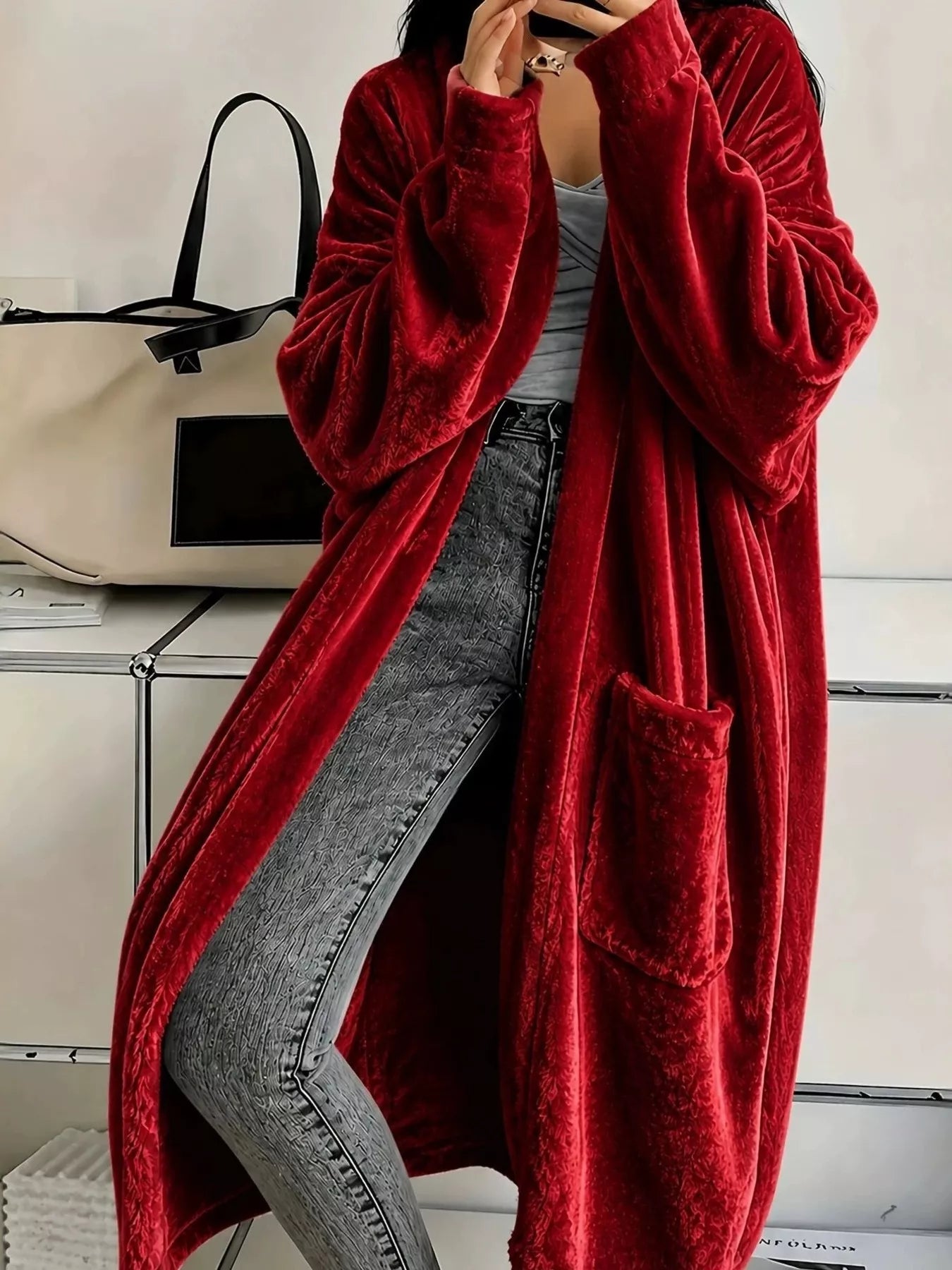 Trendsi Full Size Velvet Open-Front Longline Outerwear Plus Size -