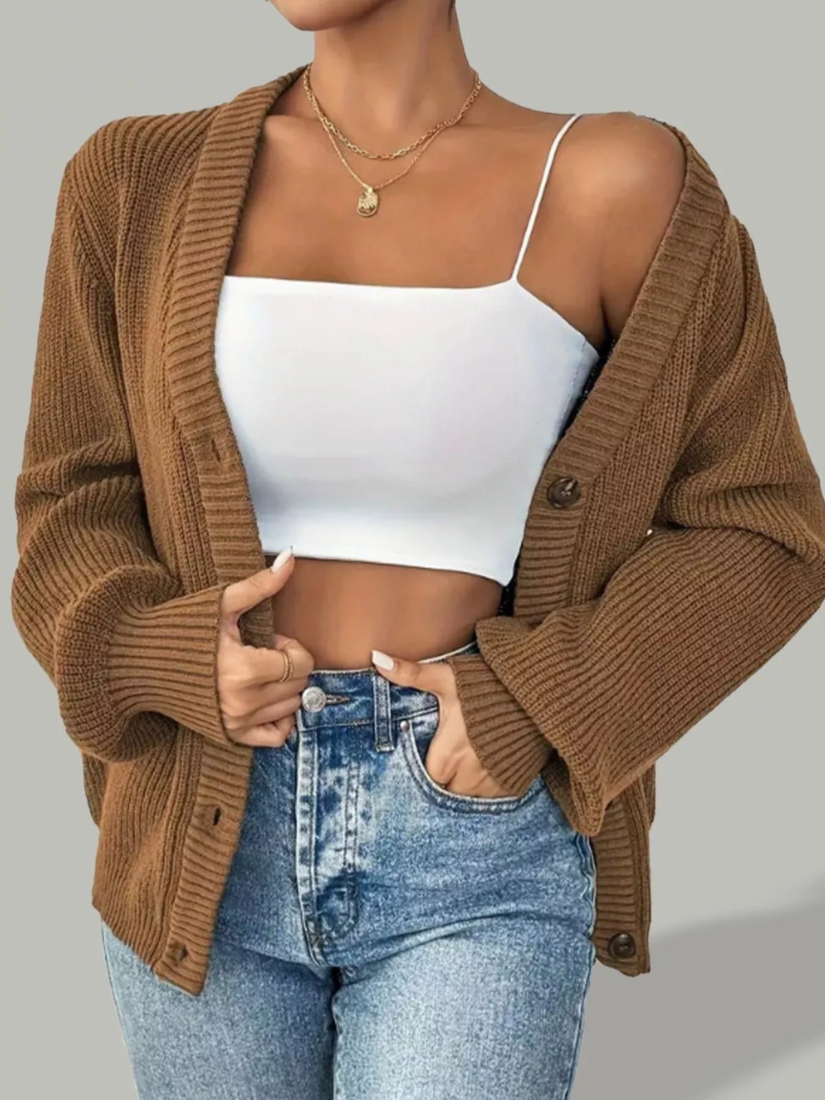 Camel v-neck button-front cardigan, front view open.