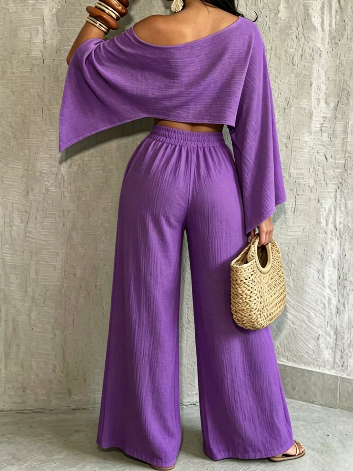 Women's Boat Neck Crop Top and Wide-Leg Pants Set in purple — front view