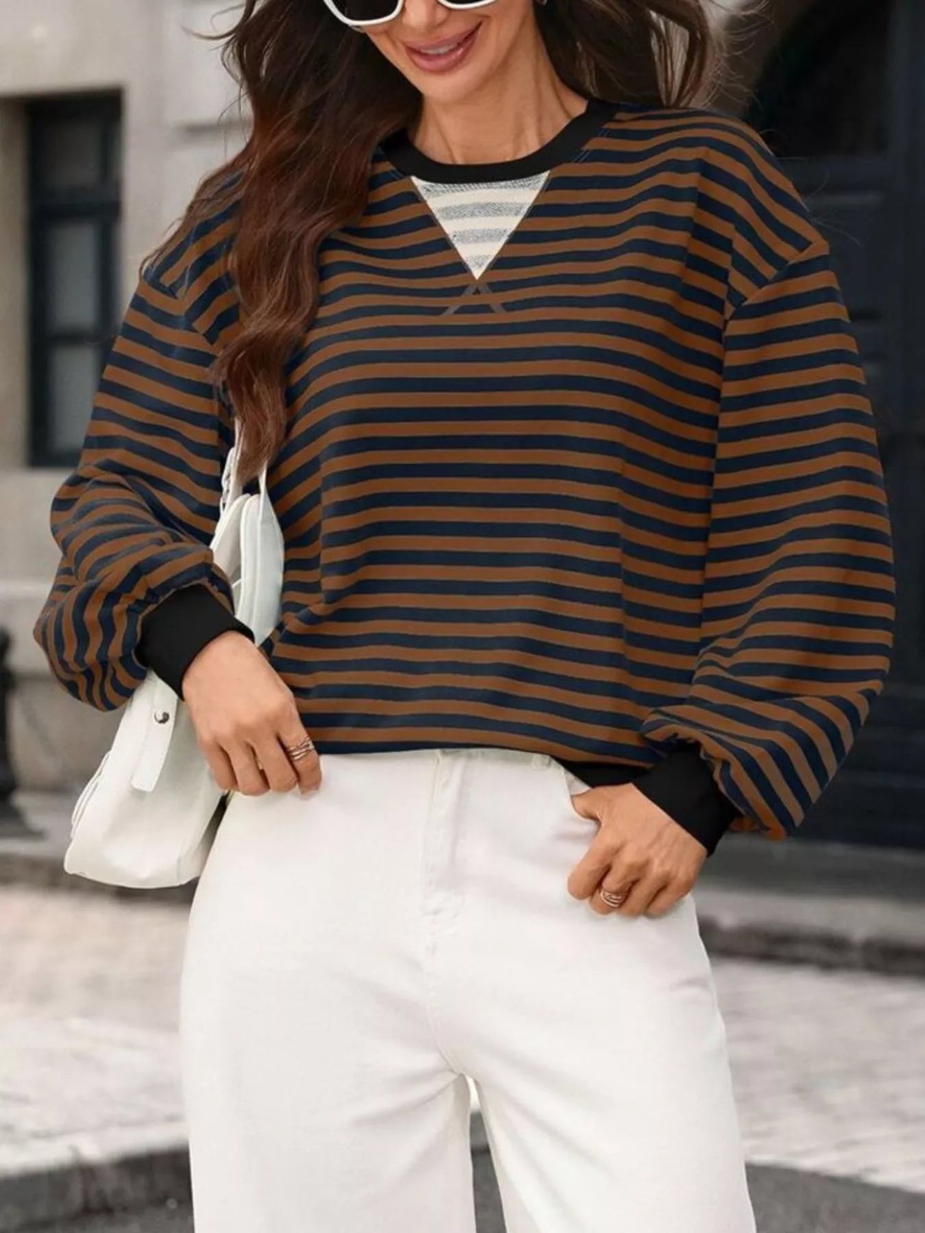 Trendsi Contrast Trim Striped Crew Neck Sweatshirt -