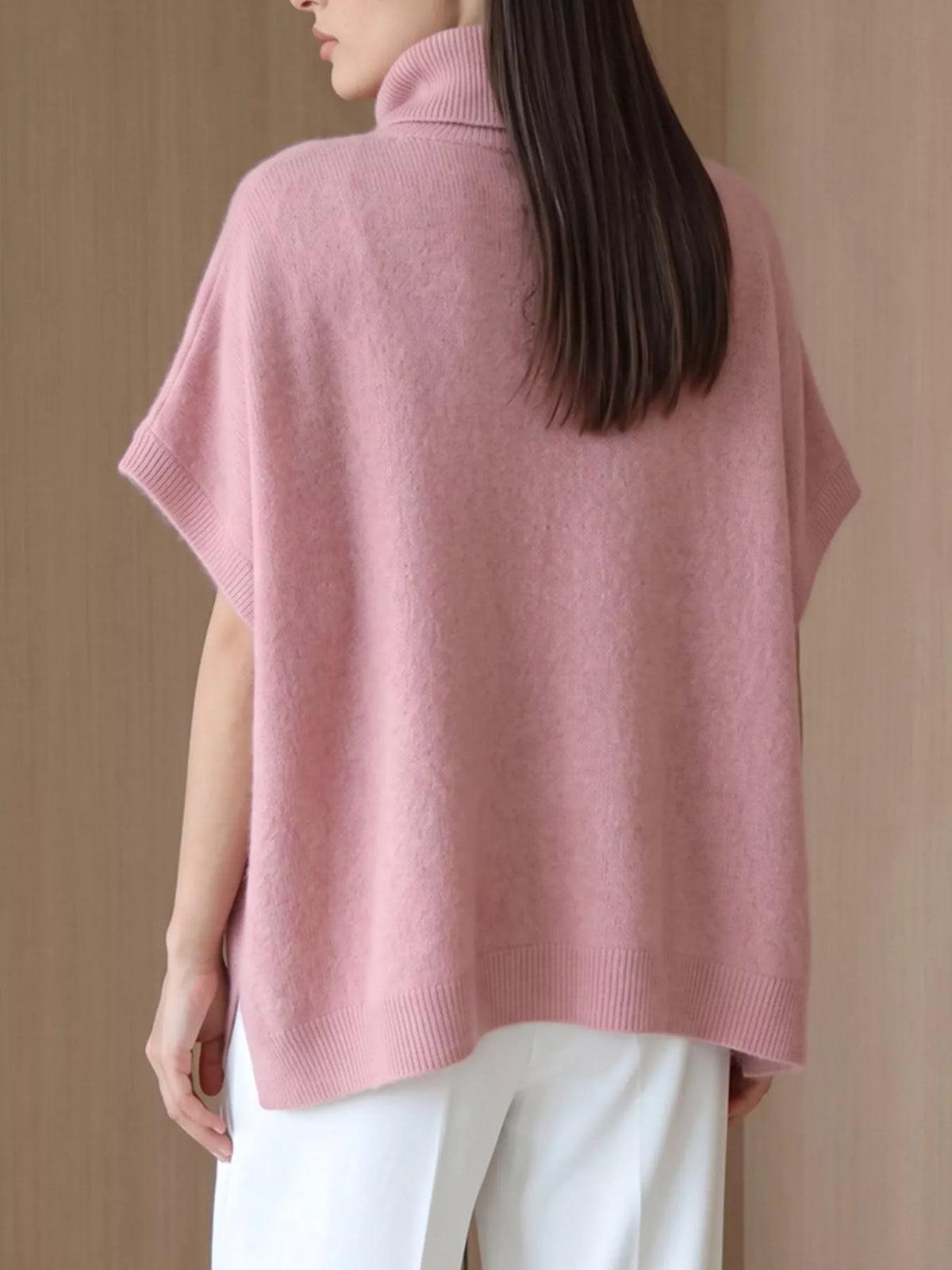 Fuzzy short-sleeve turtleneck sweater in pink, back view