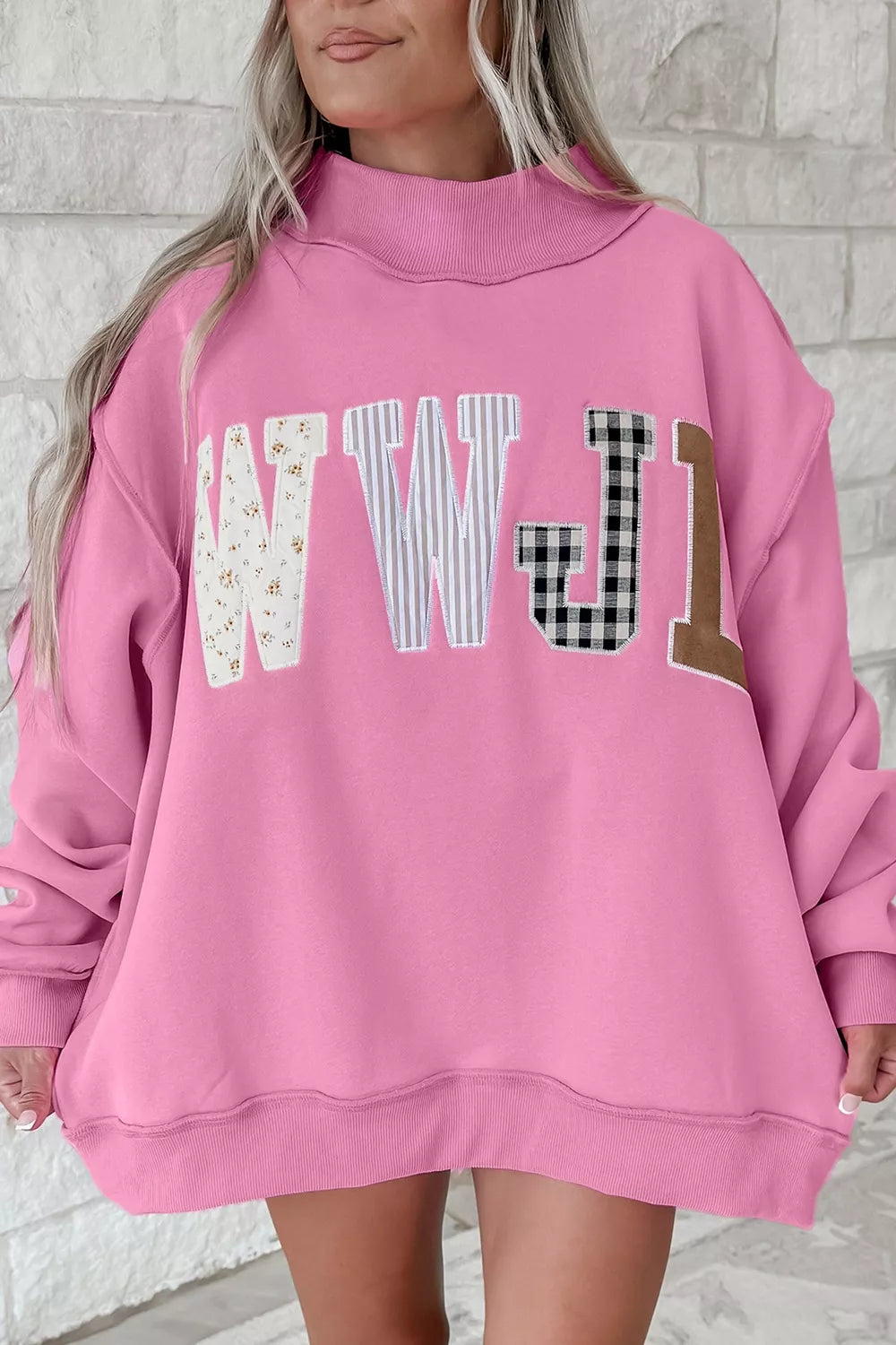 WWJD Embroidered Patch Mock Neck Sweatshirt — front view